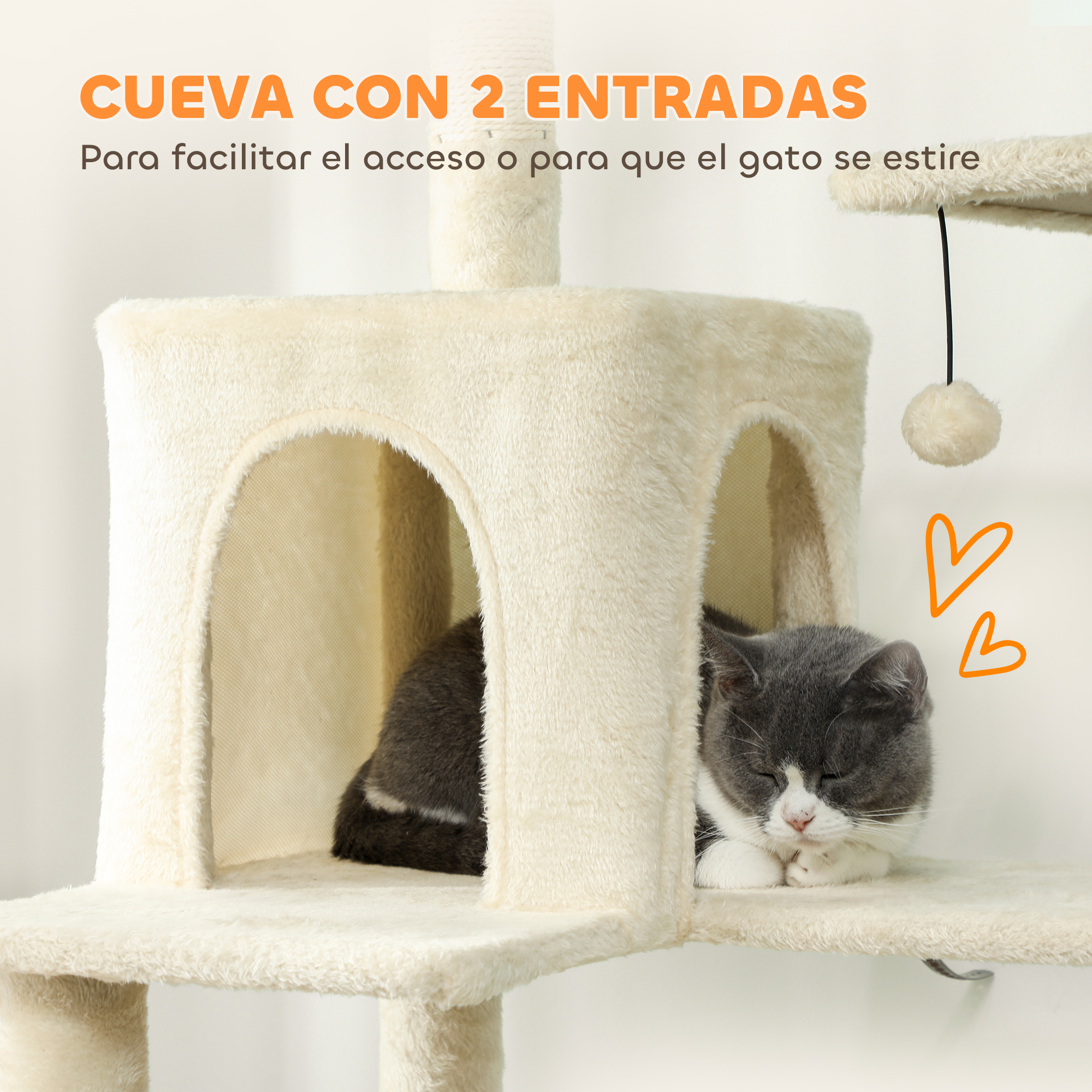 Un gato duerme dentro de un rascador beige con dos entradas.
