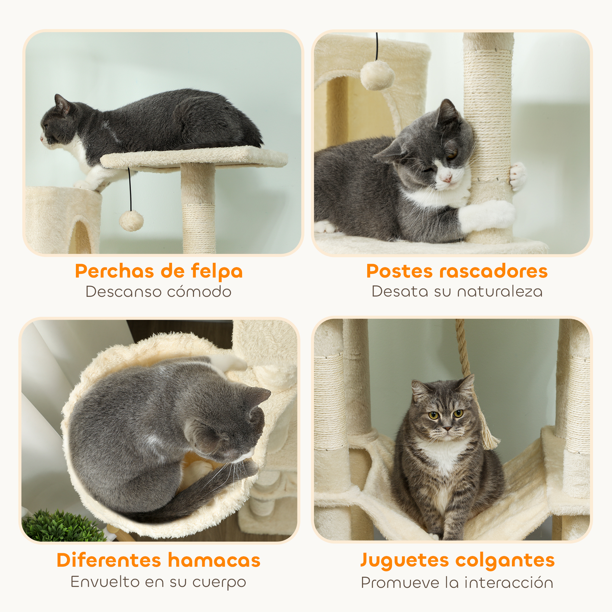 Gato gris y blanco en un árbol para gatos con hamacas y juguetes.