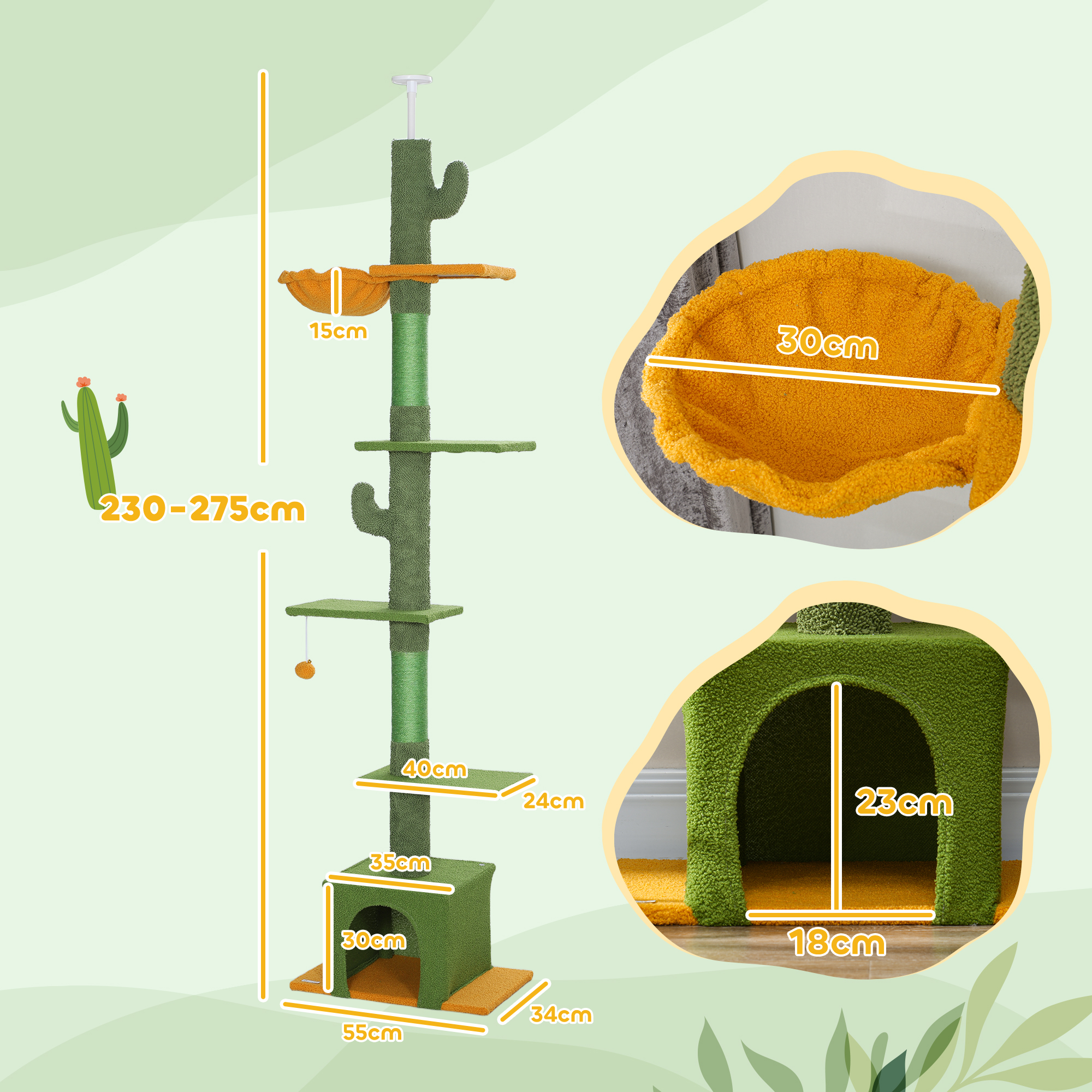 Árbol rascador verde para gatos con forma de cactus, plataformas y juguetes. Se muestran dimensiones.