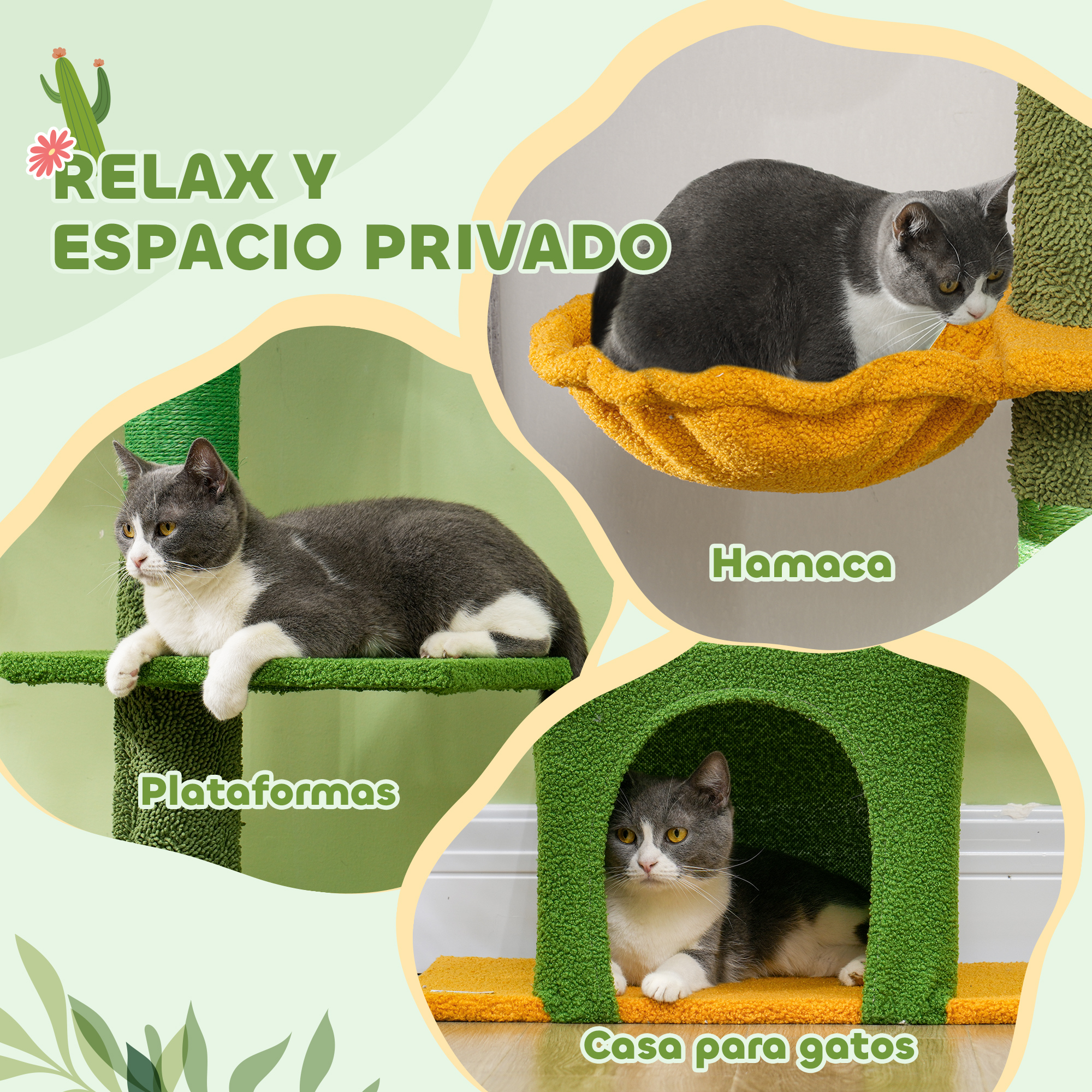 Gatos grises y blancos en un árbol para gatos con hamaca, plataforma y casa.