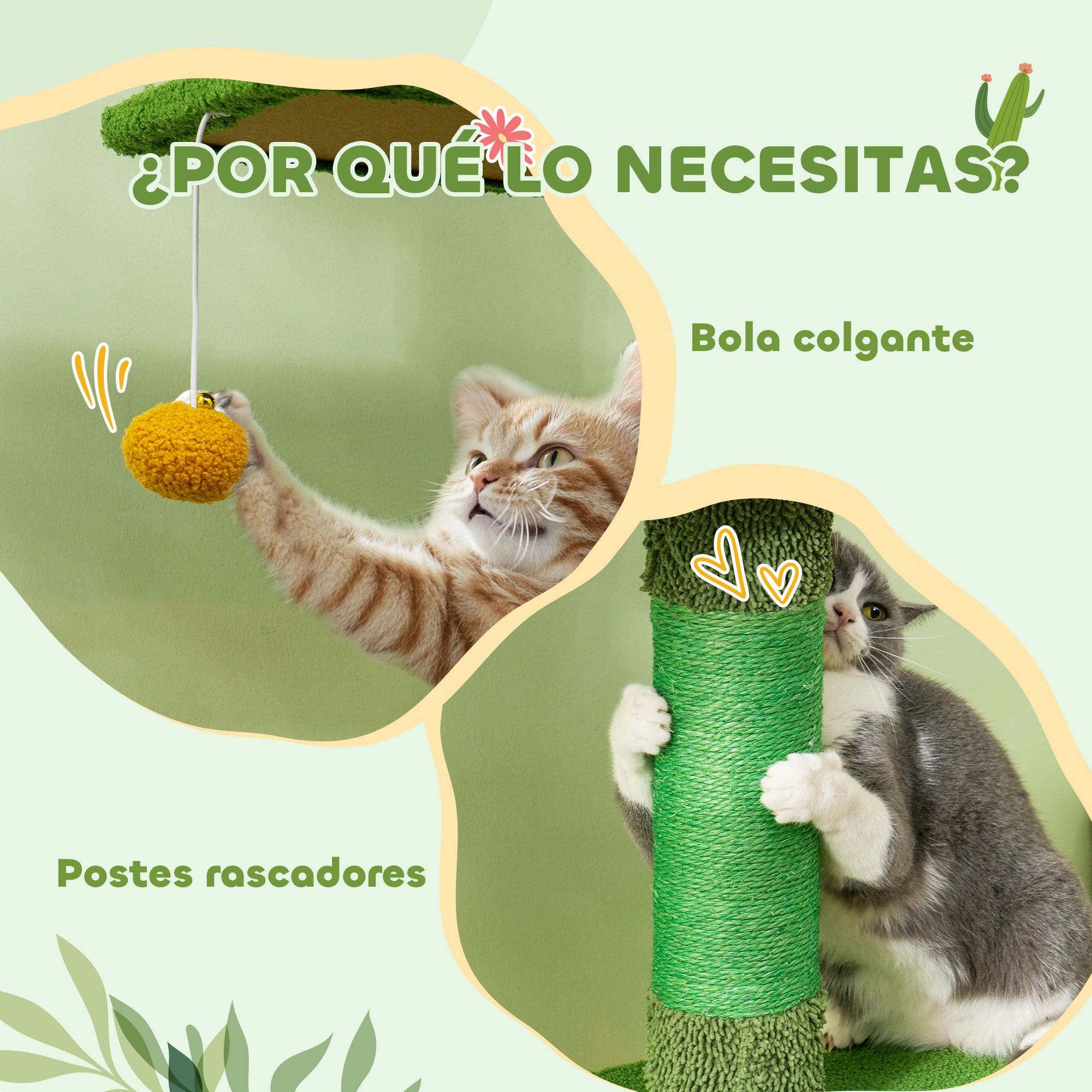 Dos gatos jugando con juguetes: uno con una bola amarilla, otro con un poste rascador.