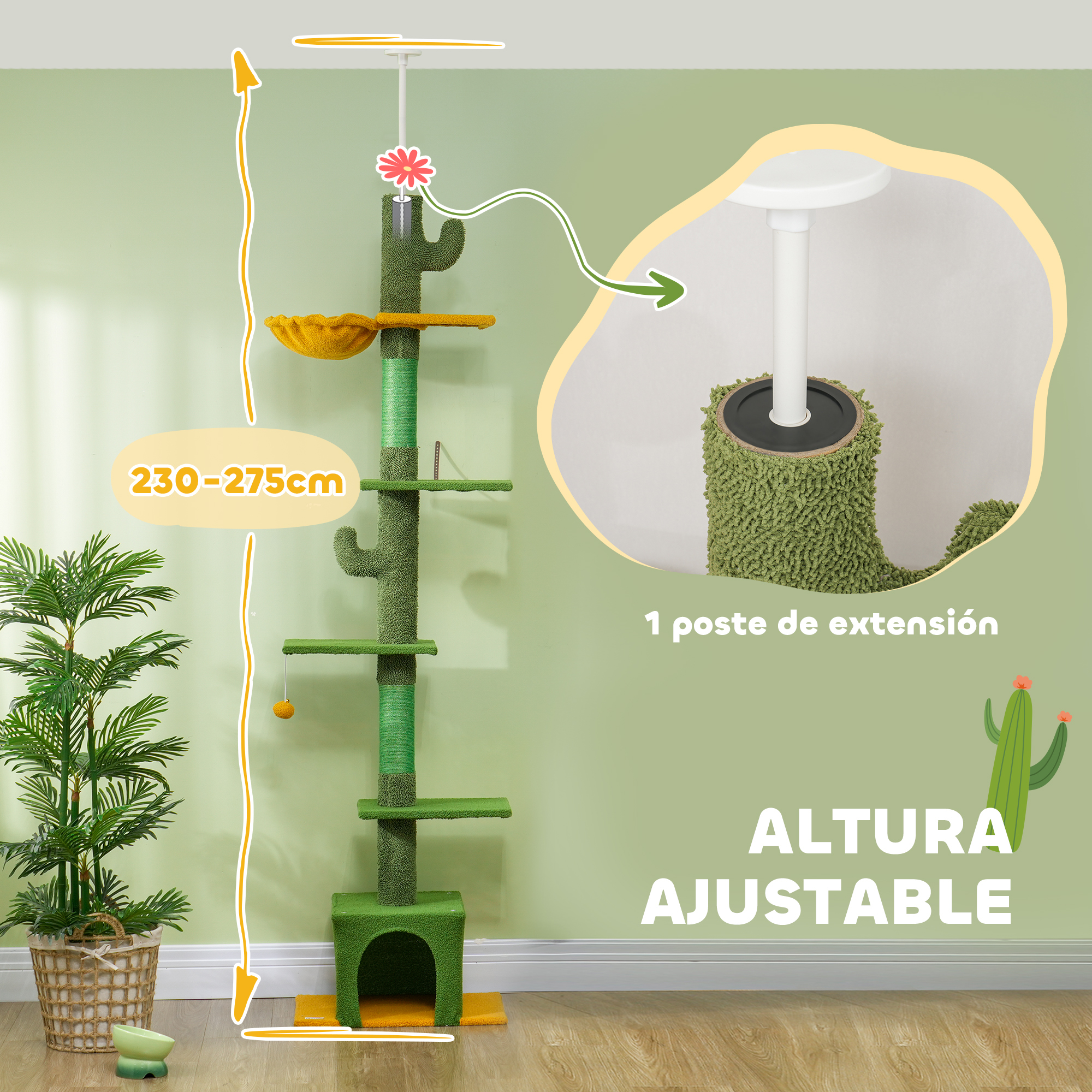Árbol rascador ajustable verde con forma de cactus, hamaca y juguete.