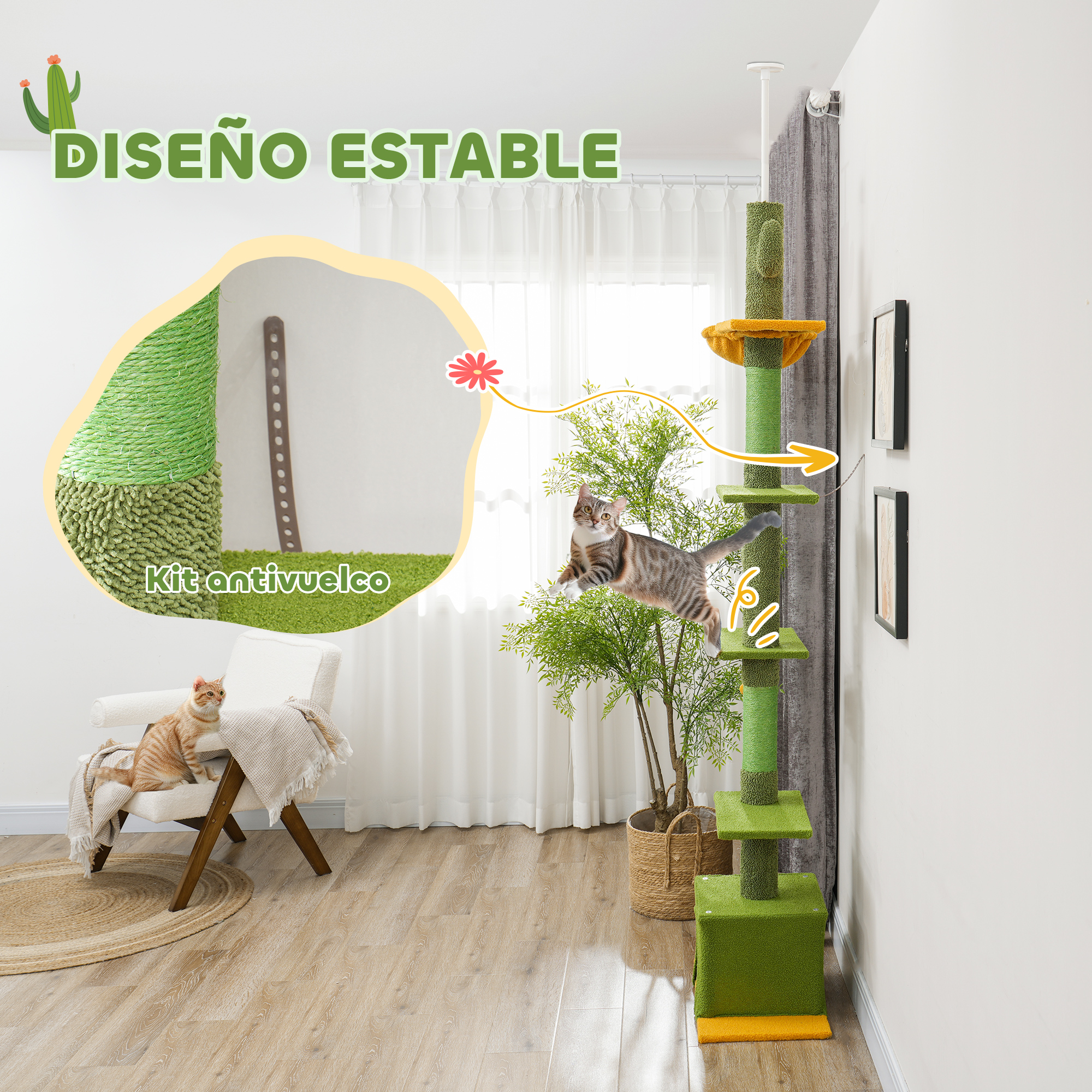Un árbol rascador para gatos verde y amarillo junto a una ventana.