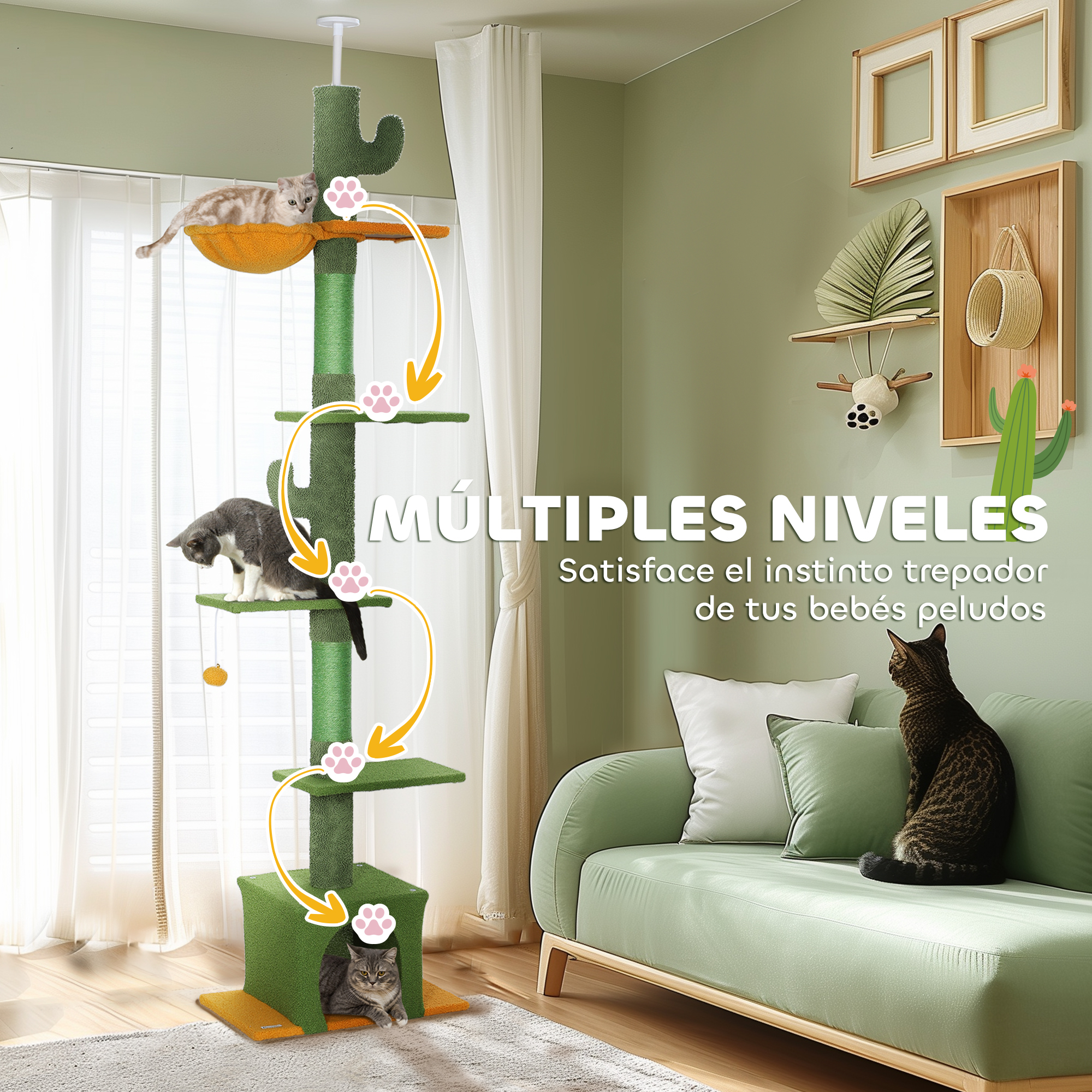 Árbol rascador verde para gatos con forma de cactus y varios niveles.
