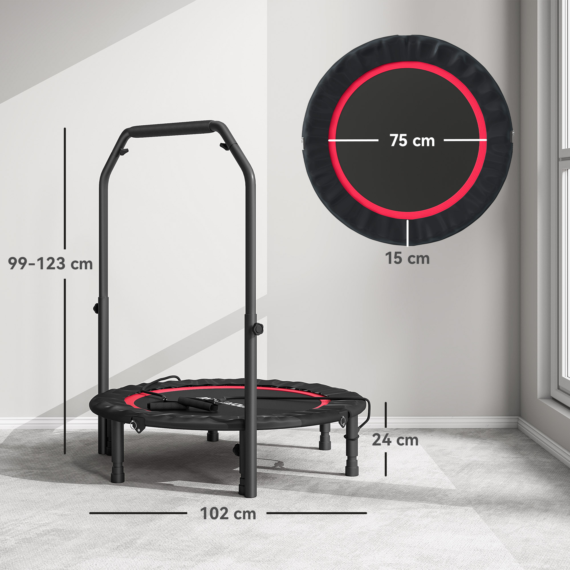 Una cama elástica negra con detalles rojos y asa está sobre una alfombra gris.