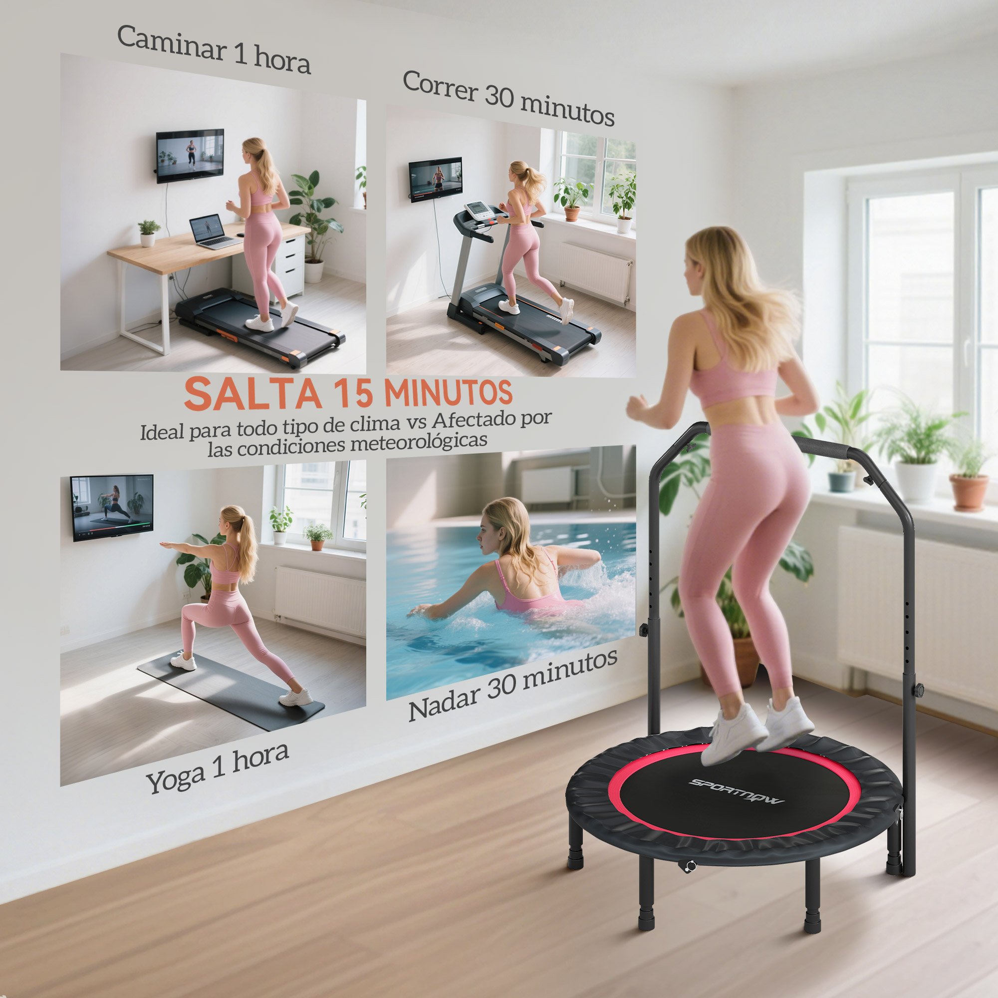 Mujer saltando en un trampolín; con imágenes de correr, yoga y nadar.