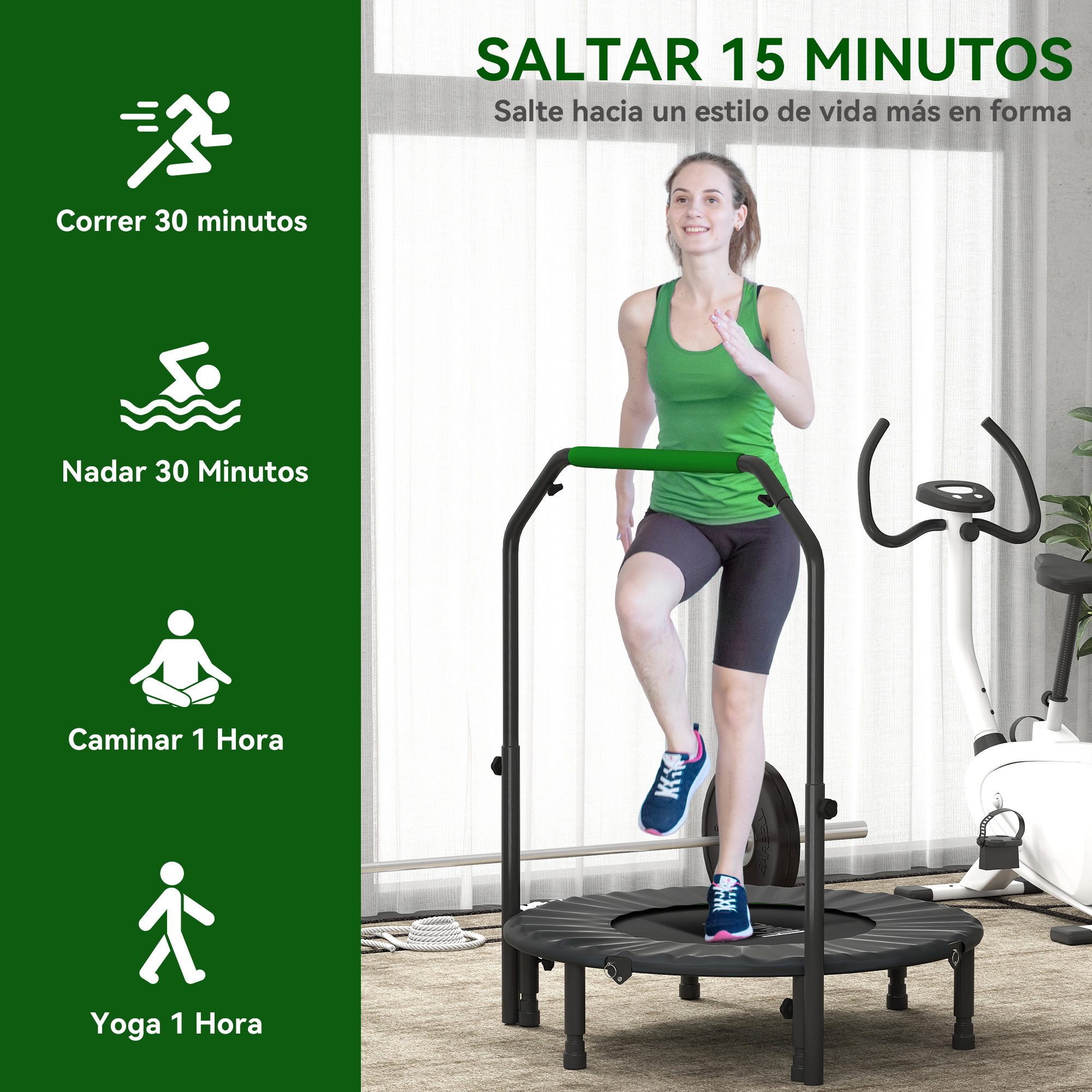 Mujer saltando en trampolín, con equipo de fitness y sugerencias de ejercicio.