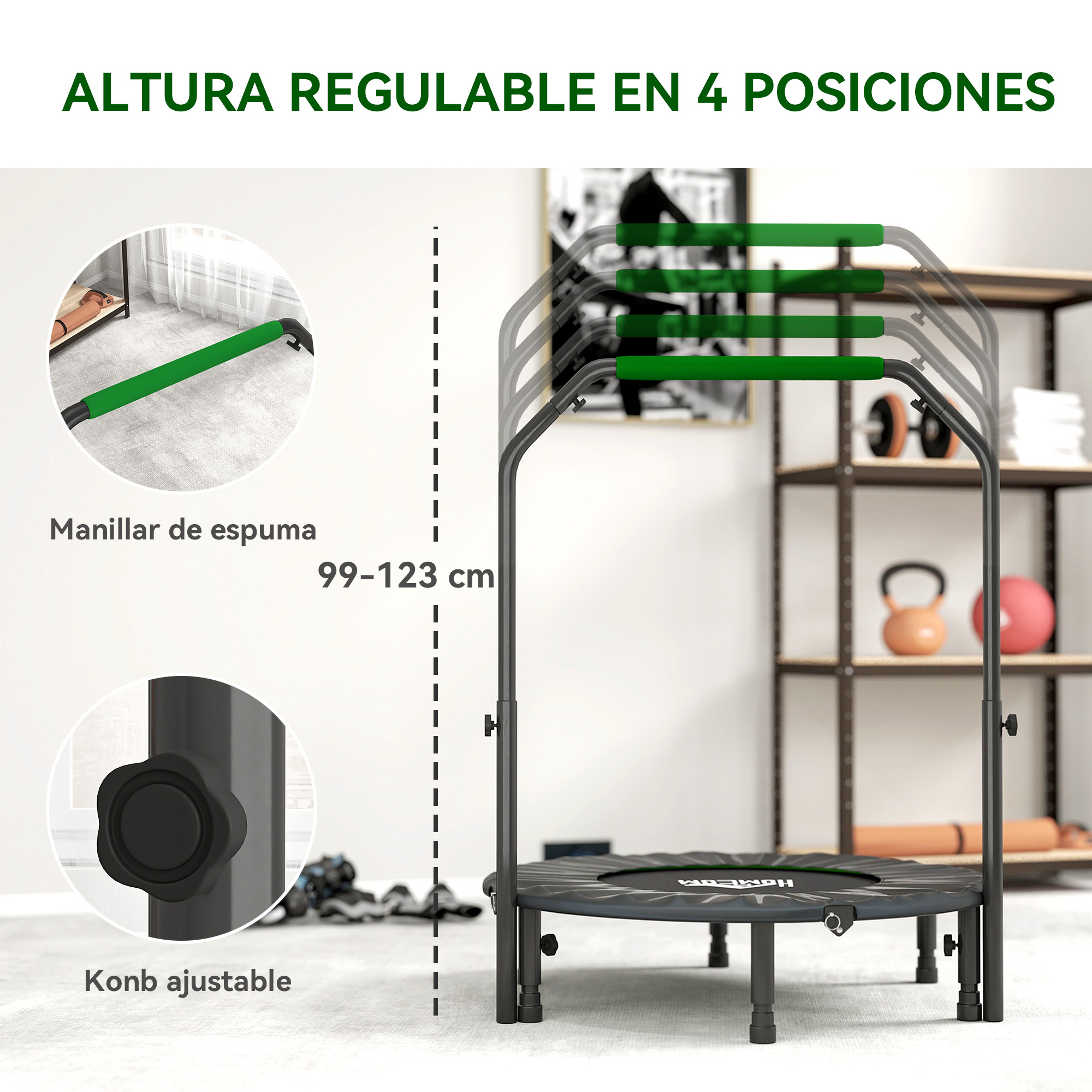 Un trampolín negro con mango verde, 99-123cm, altura ajustable.
