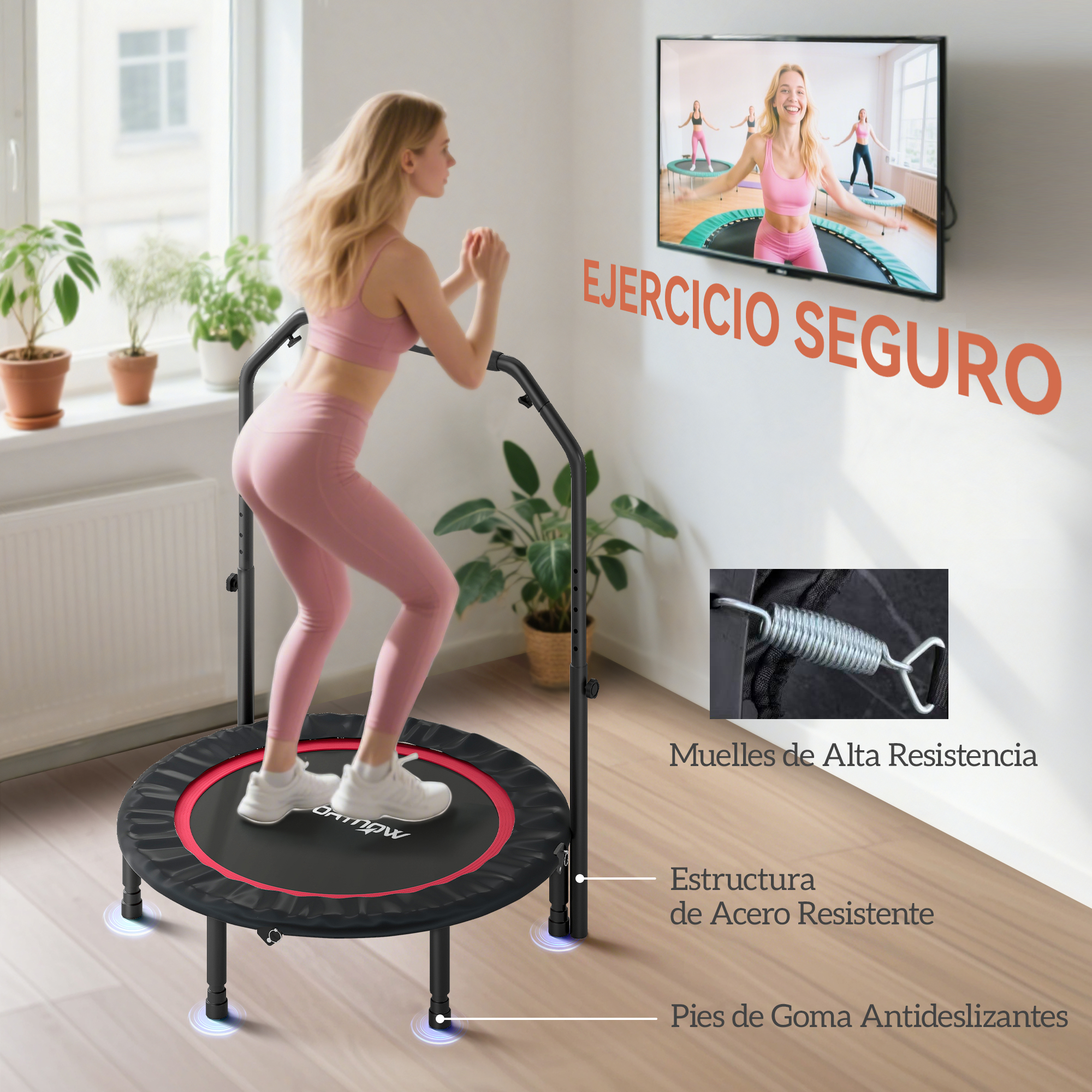 Mujer saltando en trampolín negro con borde rojo. TV muestra clase de fitness.