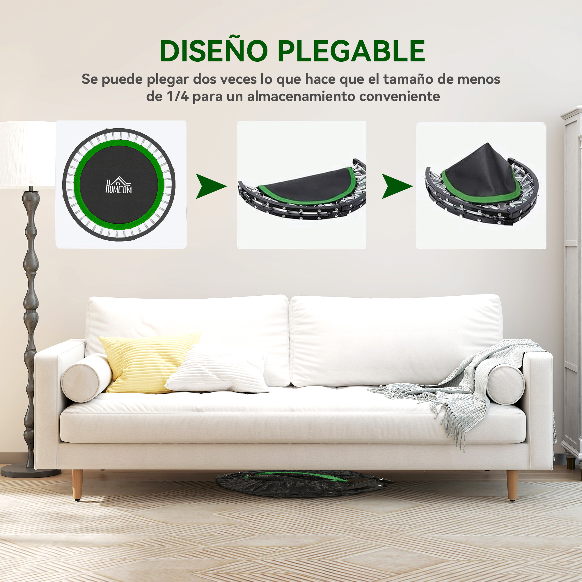 Un trampolín se pliega en etapas para mostrar su tamaño de almacenamiento compacto.