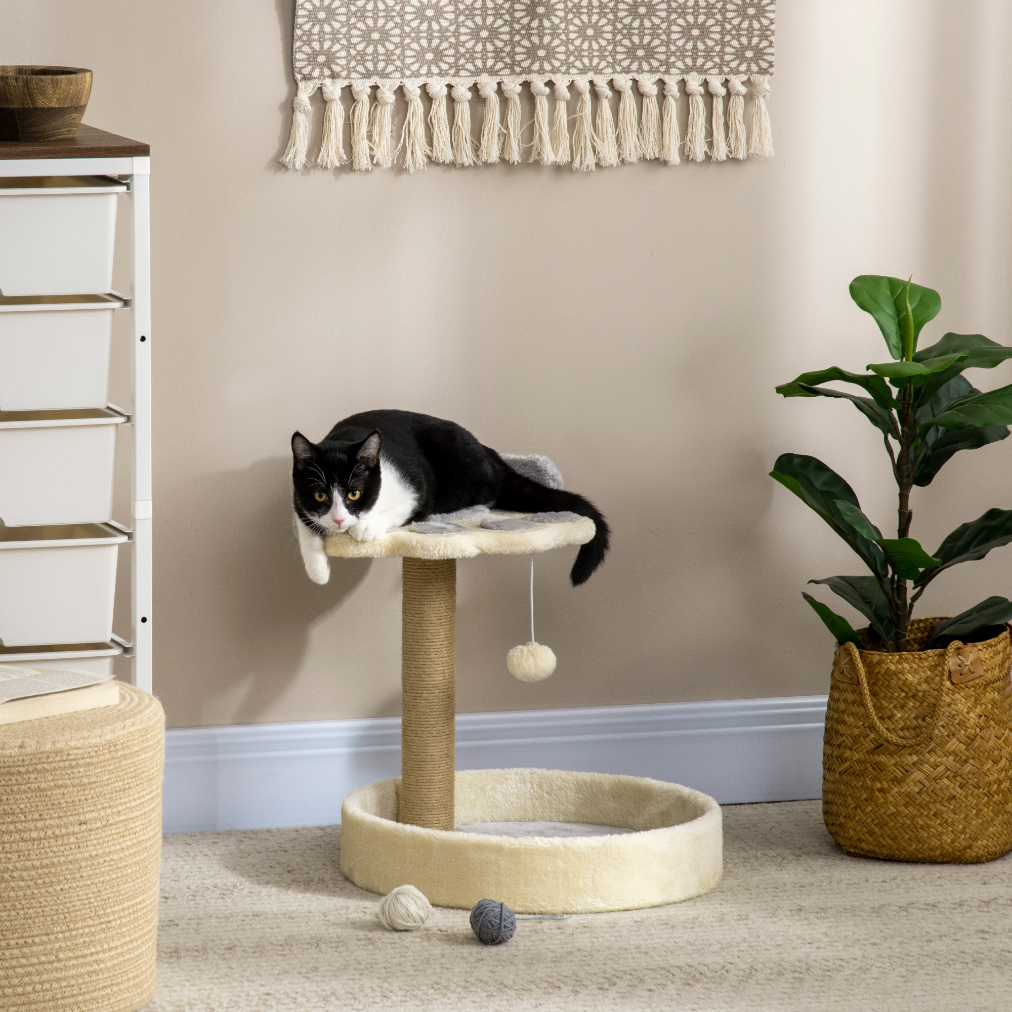 Un gato blanco y negro descansa en un árbol de gato de felpa junto a una planta.