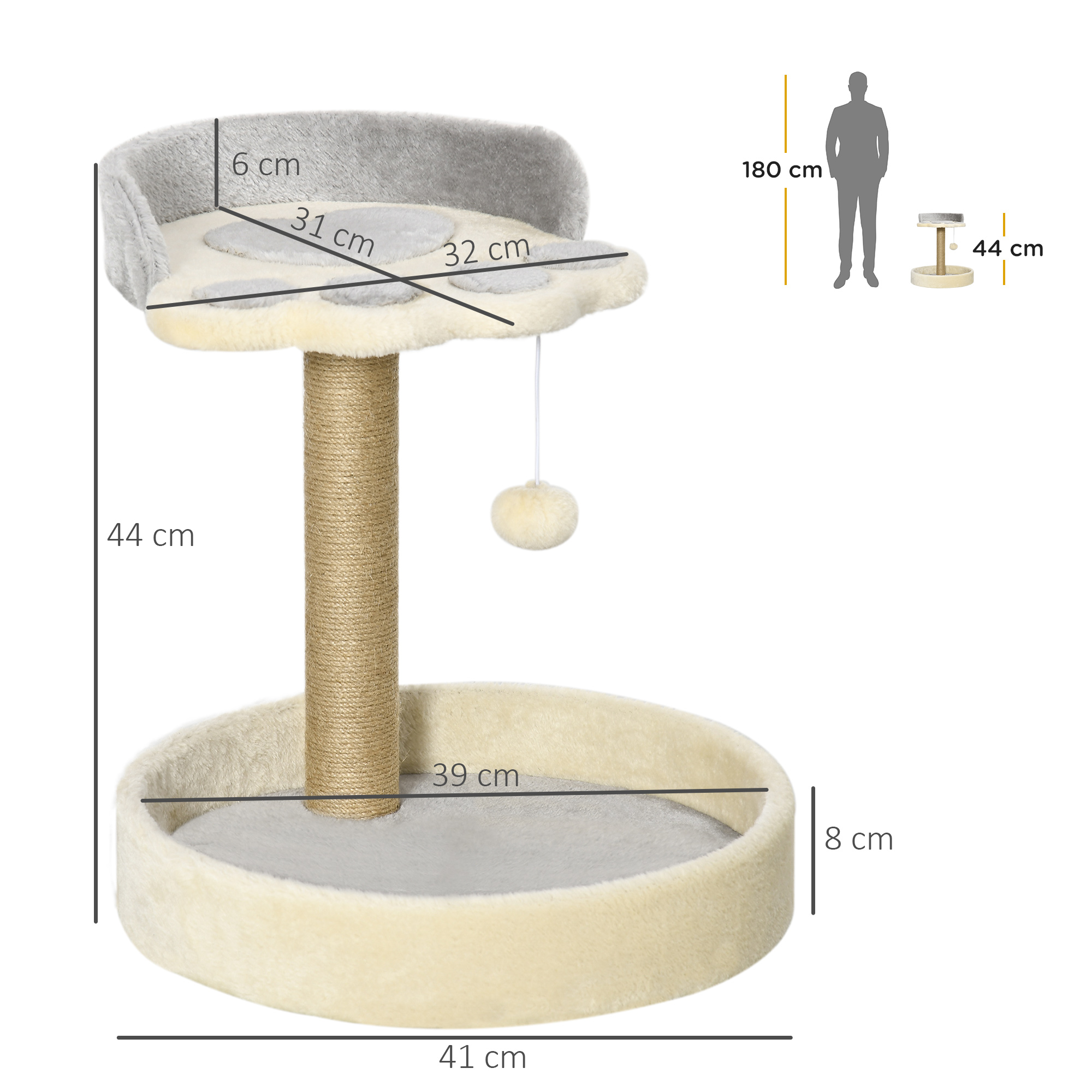 Un árbol para gatos con base redonda, poste de sisal y bola colgante.