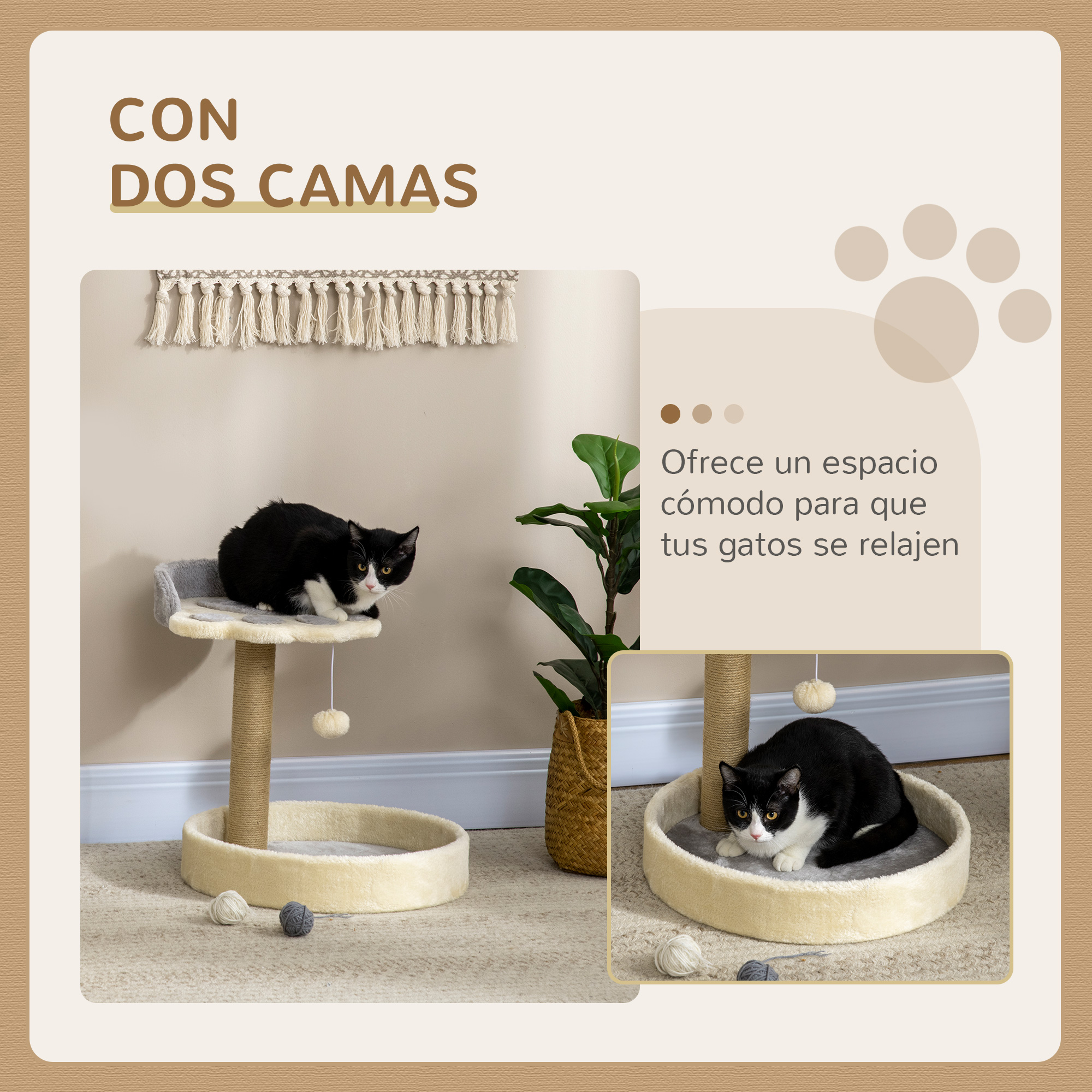 Dos gatos blancos y negros en un rascador con juguetes y cestas.