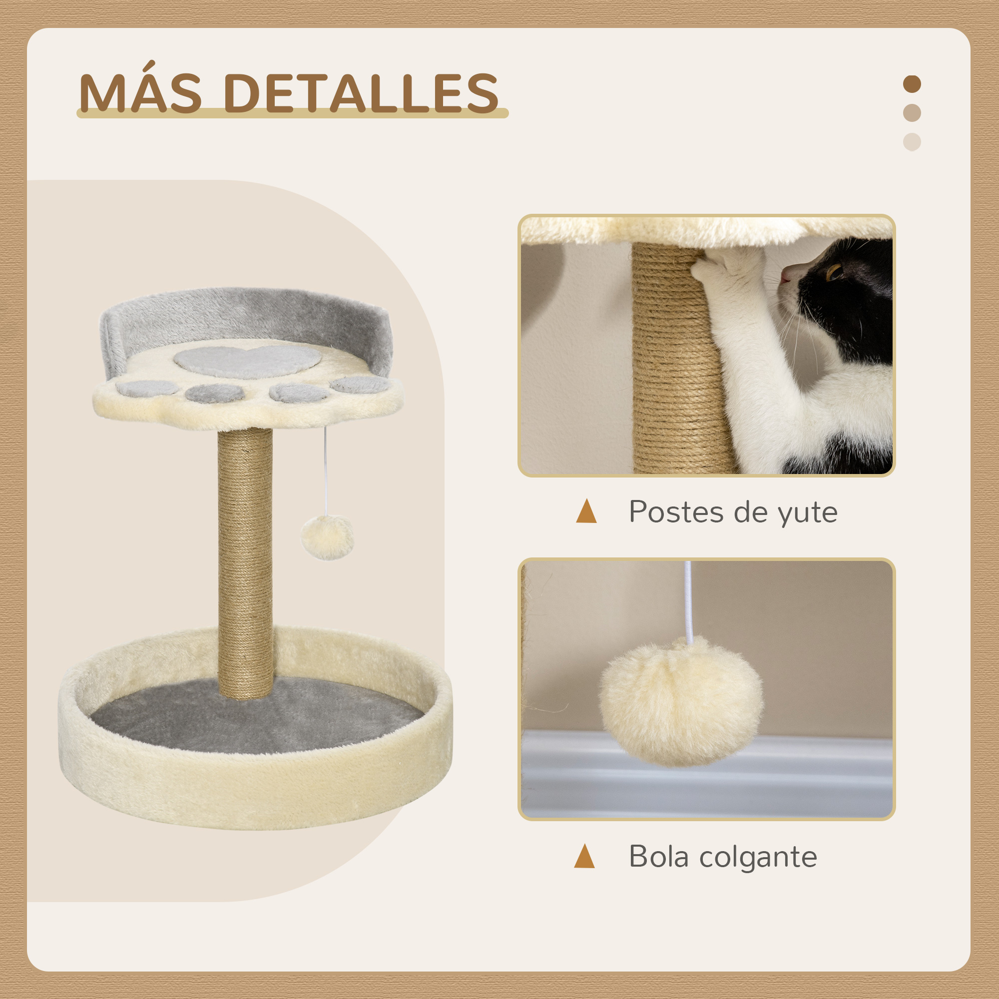 Árbol rascador con postes de yute, juguete colgante y gatito blanco y negro.