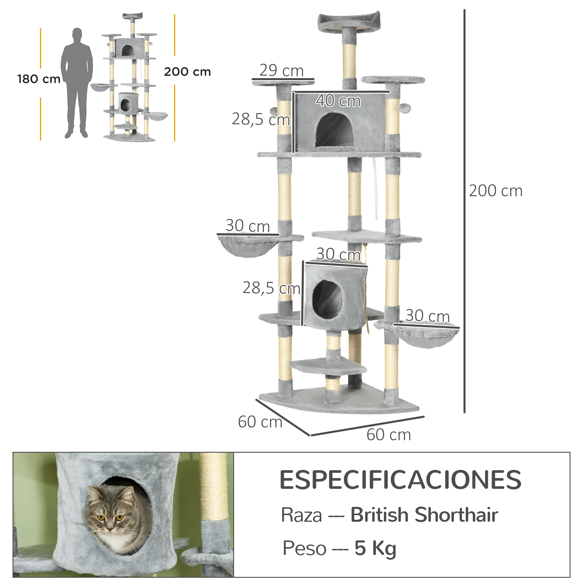 Un árbol rascador gris alto con varios niveles, perchas, casas y postes de sisal.