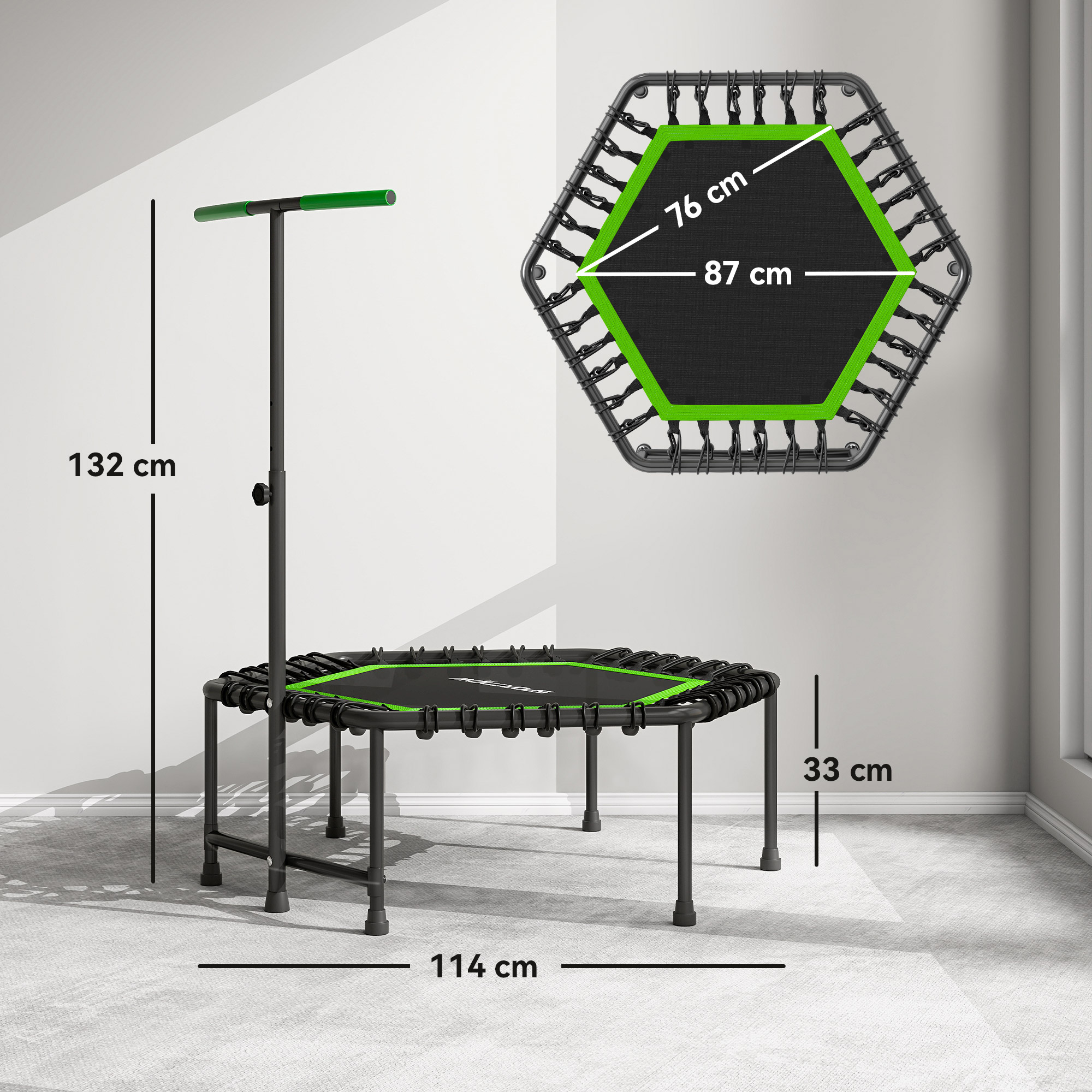 Un trampolín hexagonal con asa, se muestran las dimensiones.