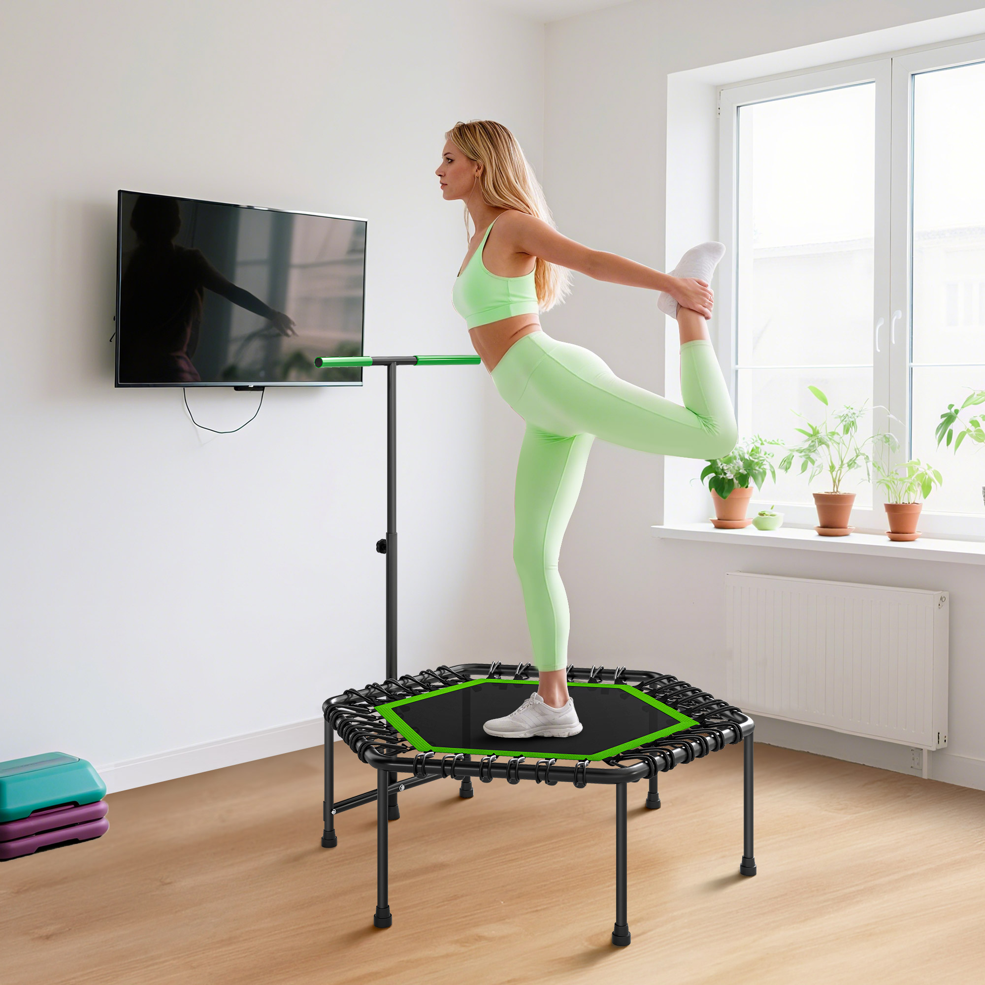 Una mujer con ropa deportiva verde claro se estira en una cama elástica.