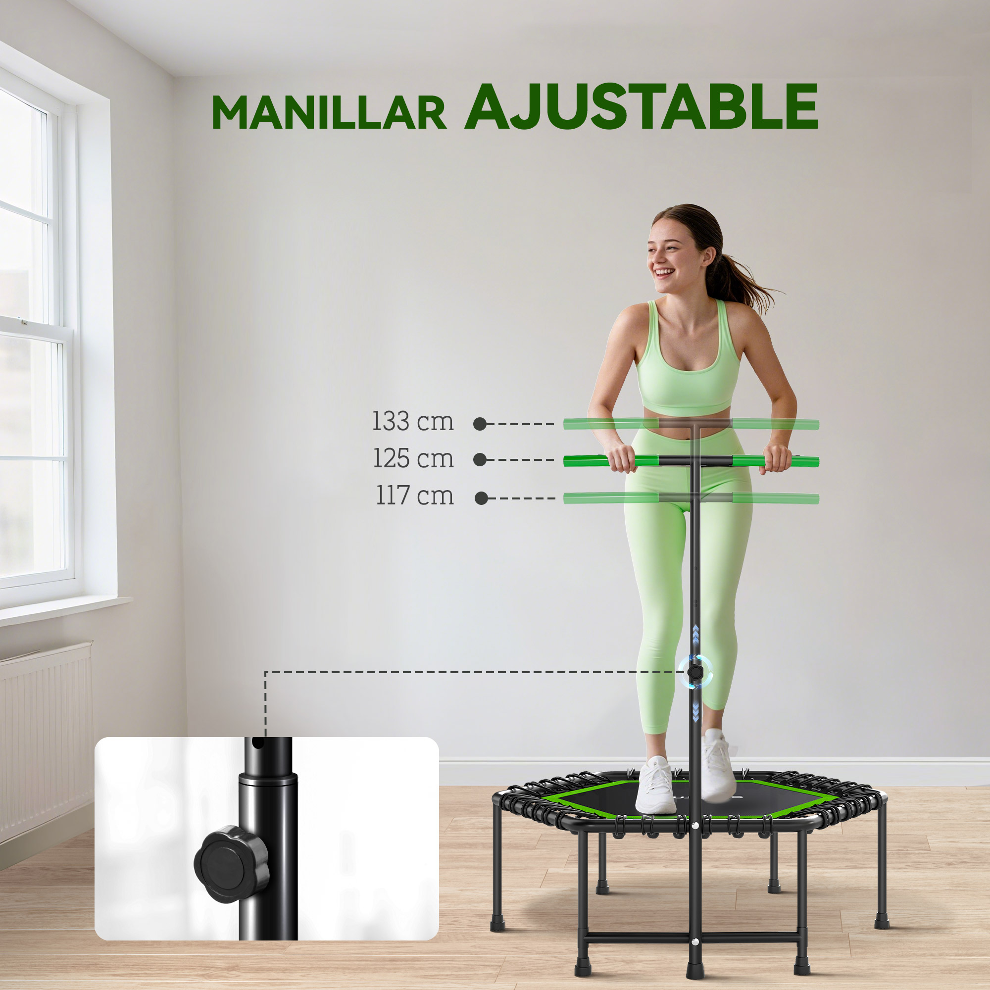 Mujer en un trampolín con asa ajustable. Se muestran las medidas.