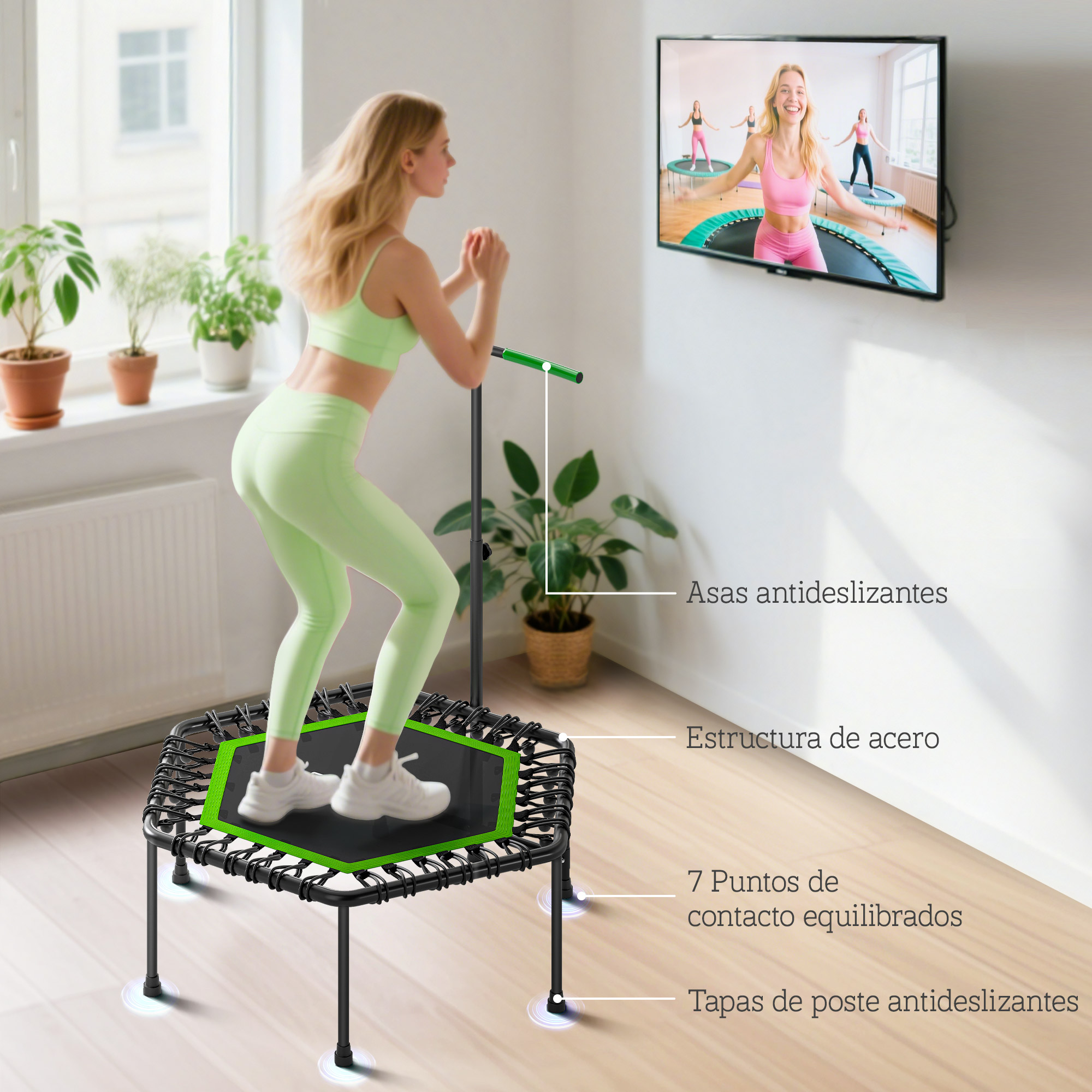 Una mujer con ropa deportiva verde menta salta en un mini trampolín mientras se reproduce un video.