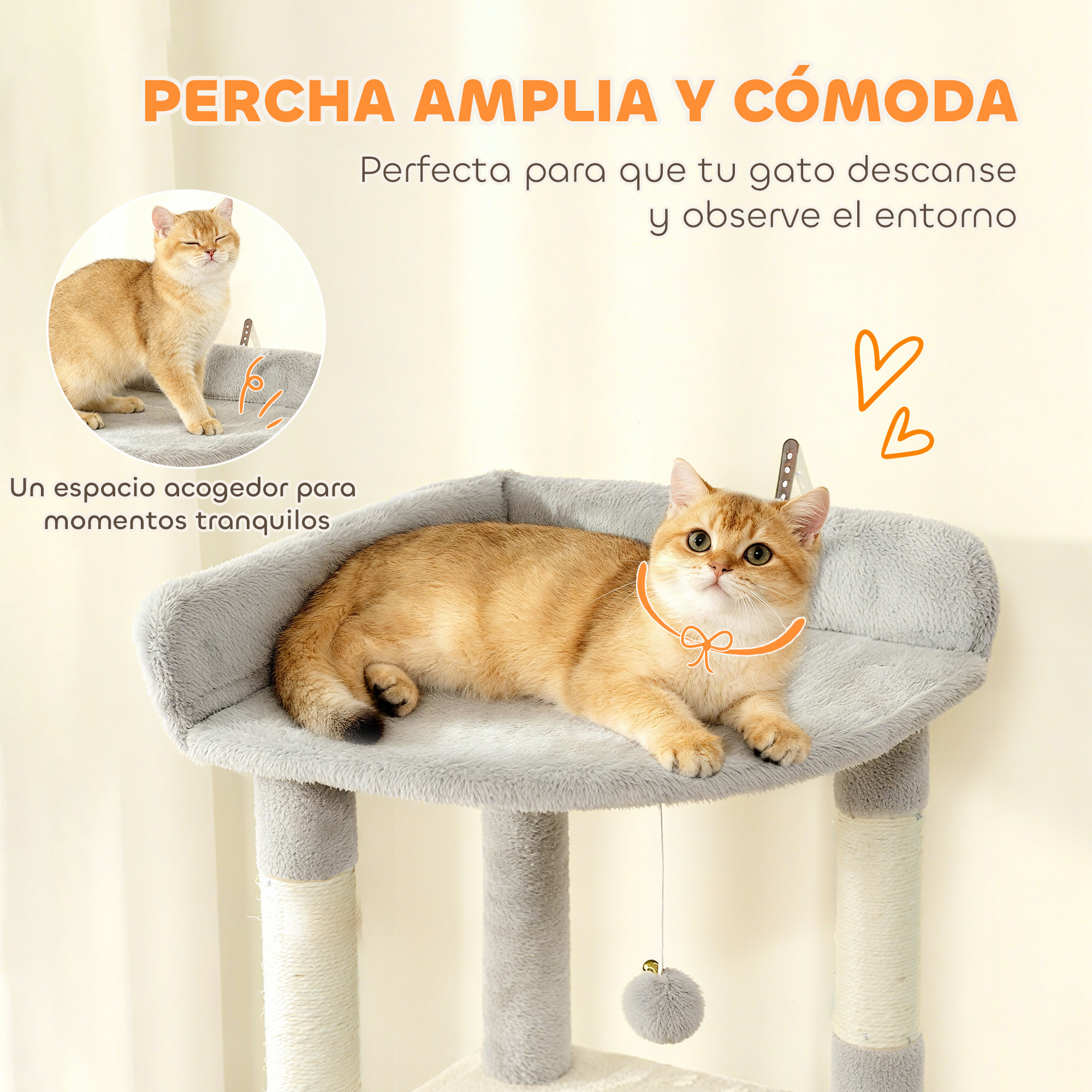 Un gato descansa en un árbol para gatos gris con collar naranja. Hay corazones.