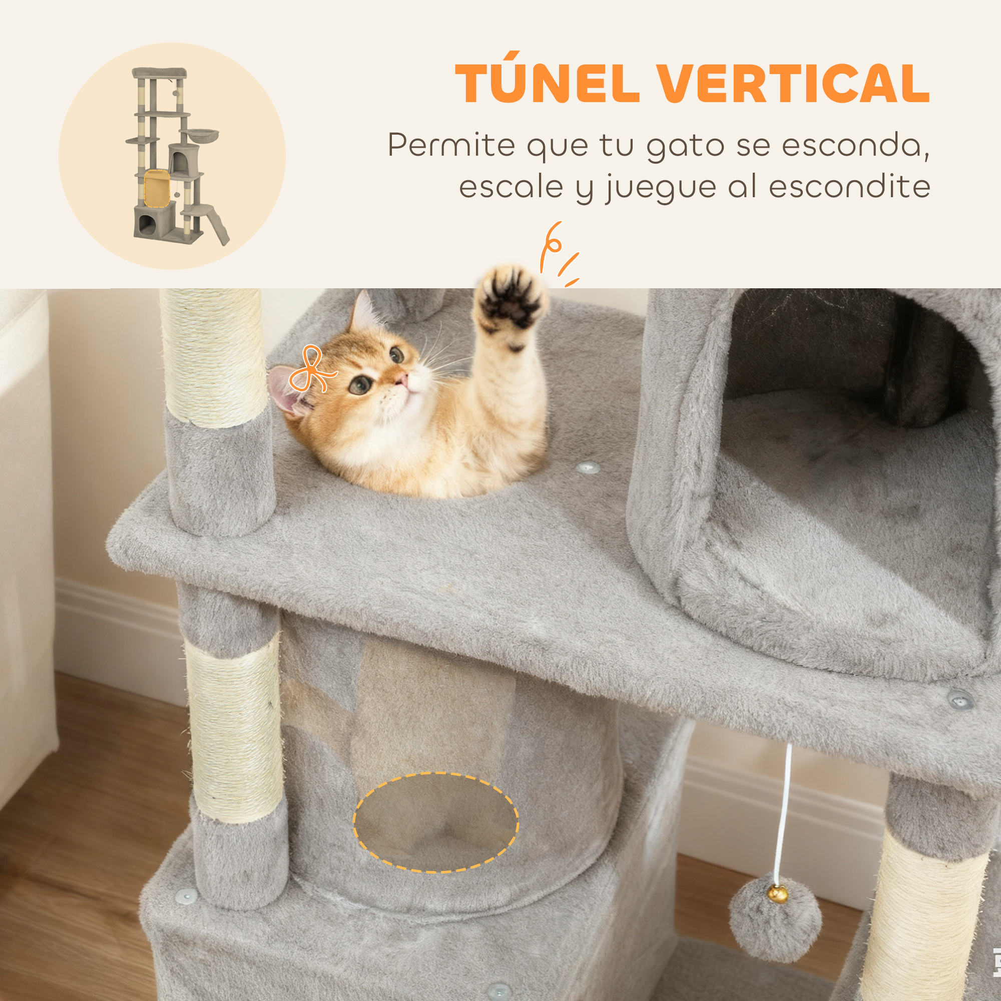 Un gato juega en un rascador gris con múltiples niveles y juguetes.