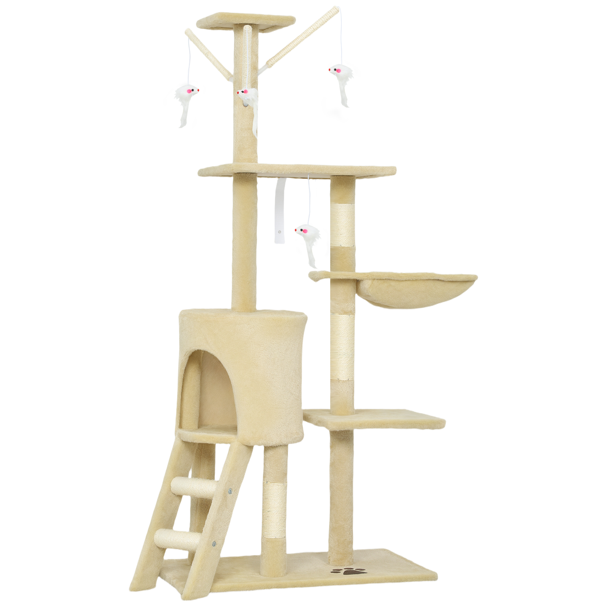 Tiragraffi beige a più livelli, con scale, giochi appesi e amaca.