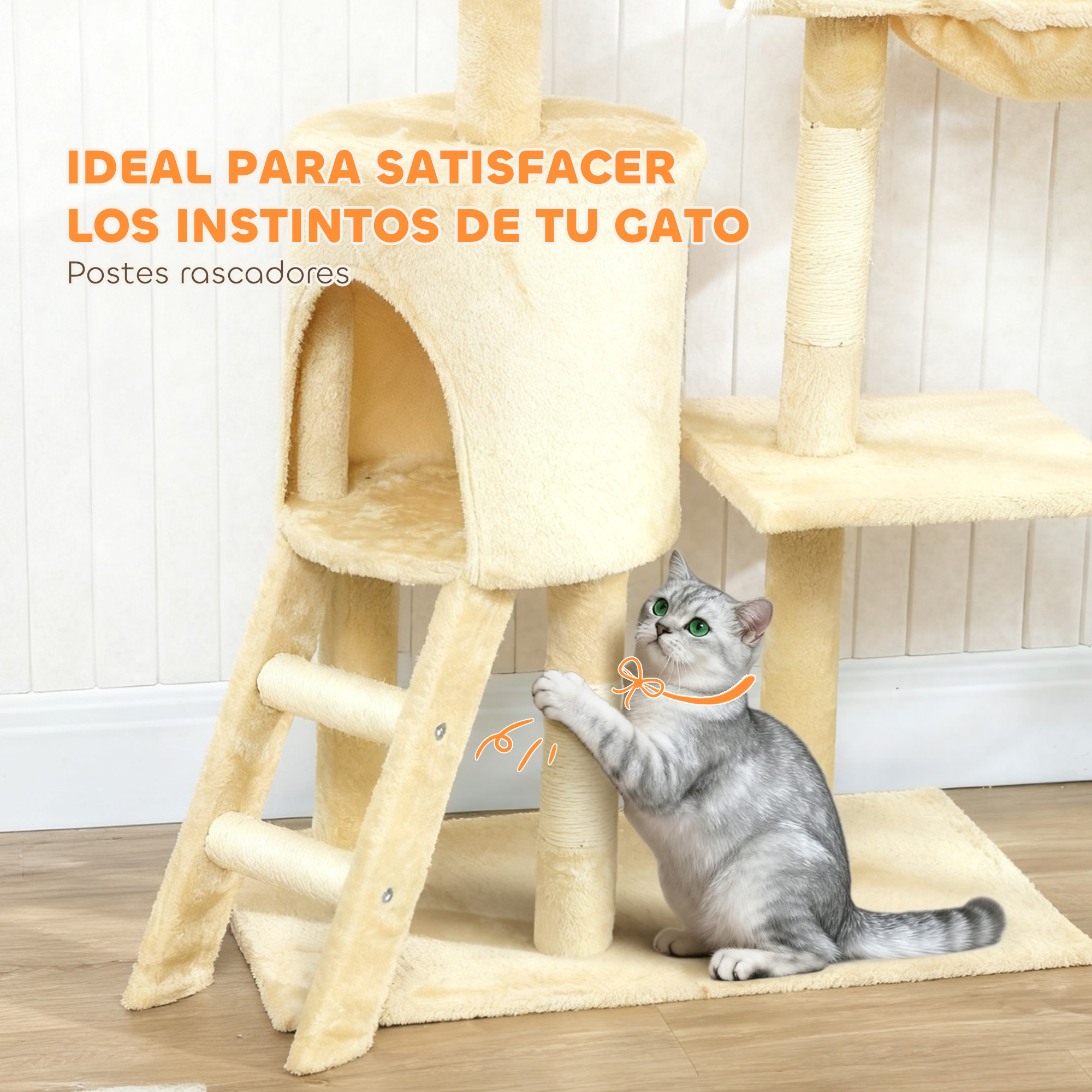 Un gato rasca un árbol para gatos de varios niveles con escaleras.