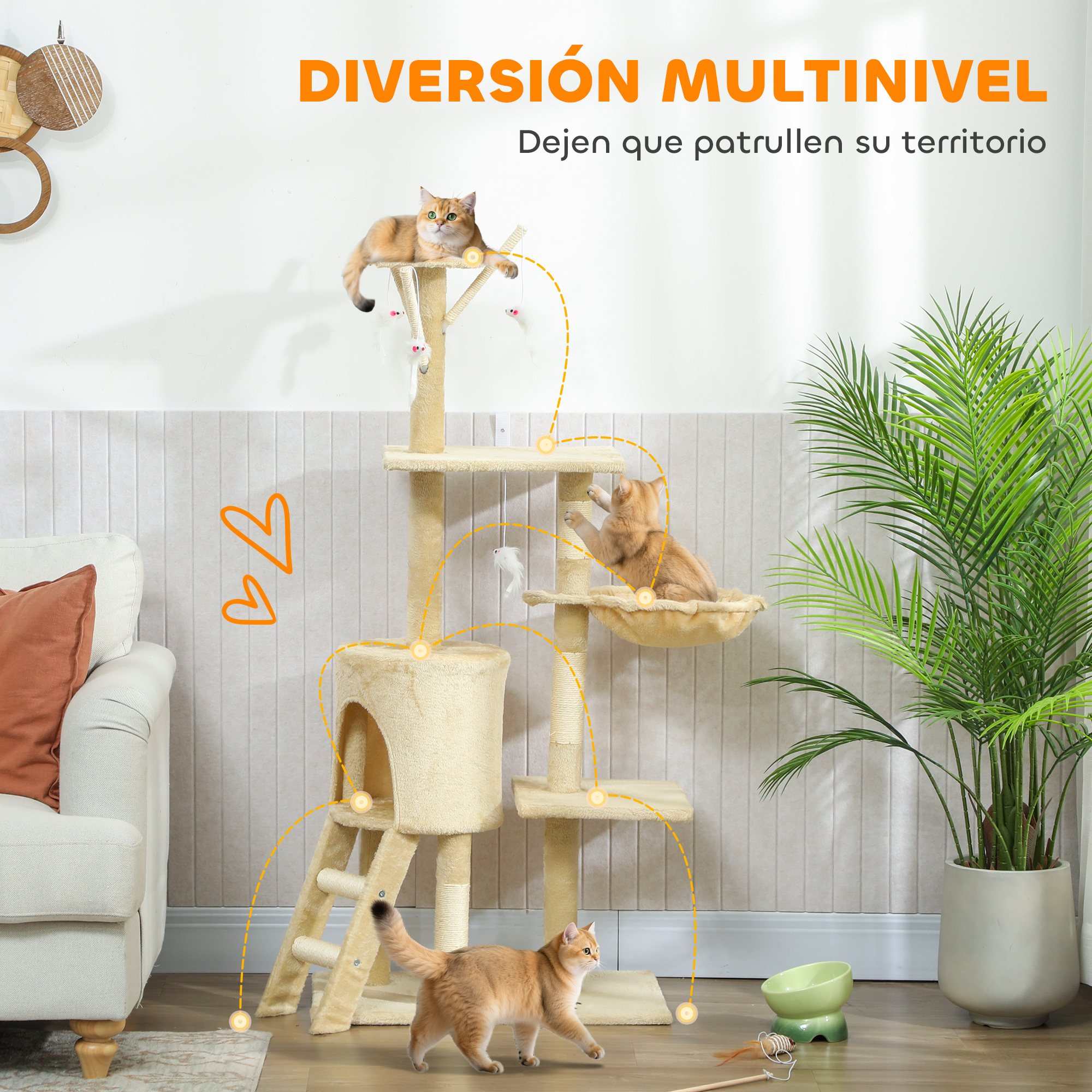 Un árbol para gatos beige con tres gatos. Uno en la cima, otro en hamaca, y uno caminando abajo.