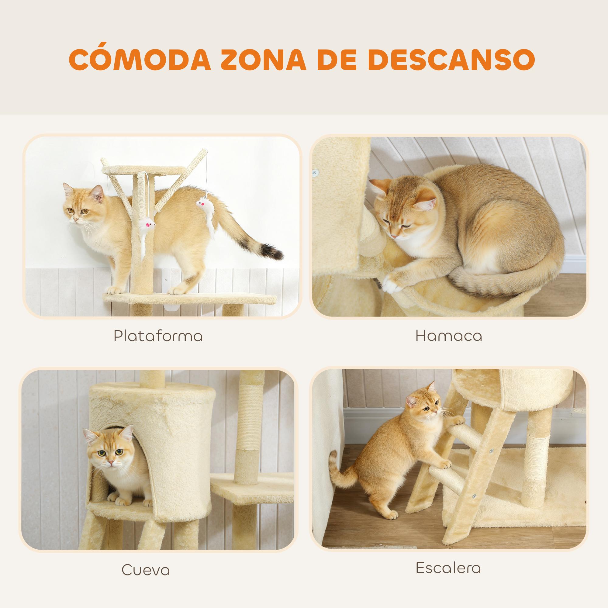 Un gato marrón claro juega en un árbol rascador con hamaca y plataforma.