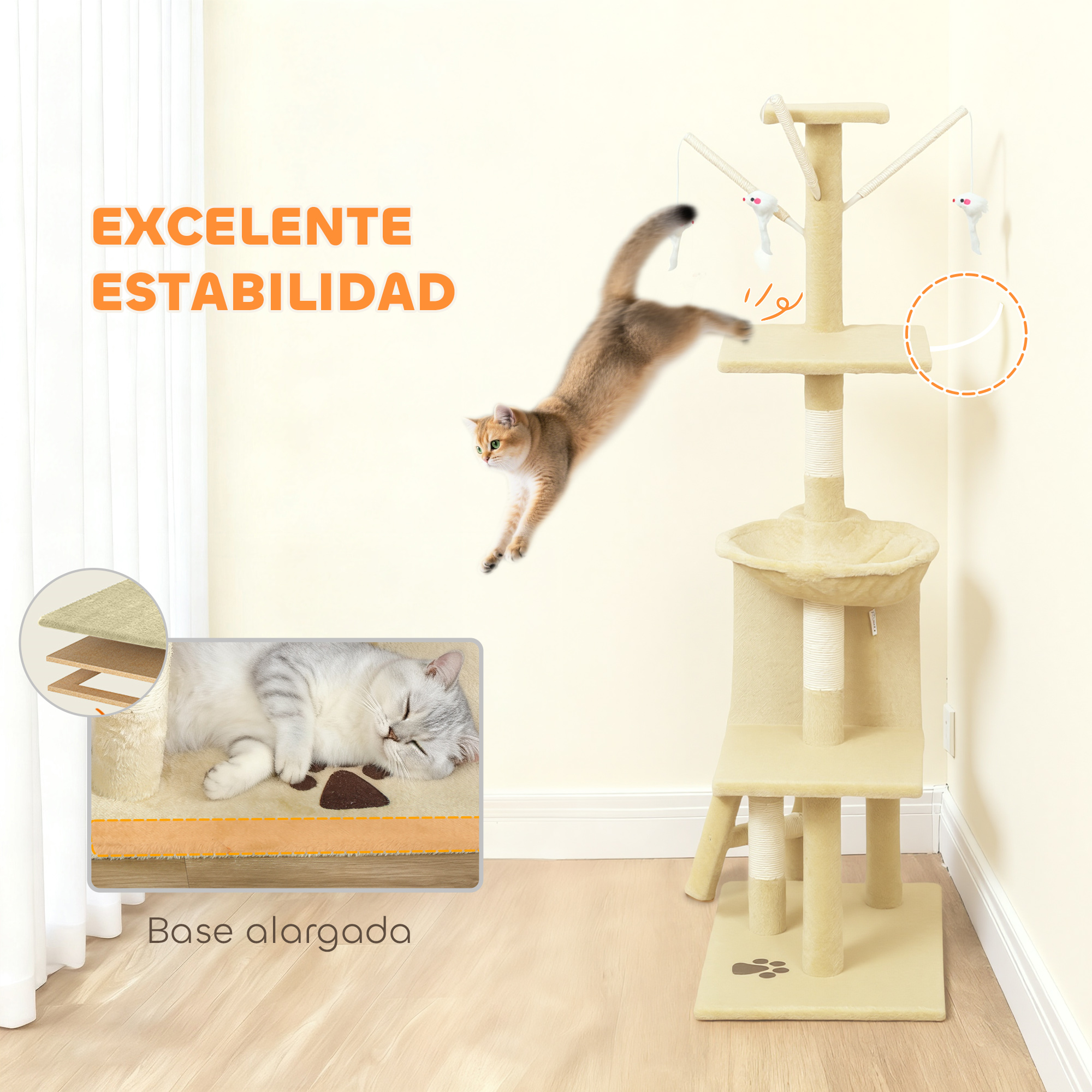 Un árbol rascador beige de varios niveles con un gato jugando y otro durmiendo.