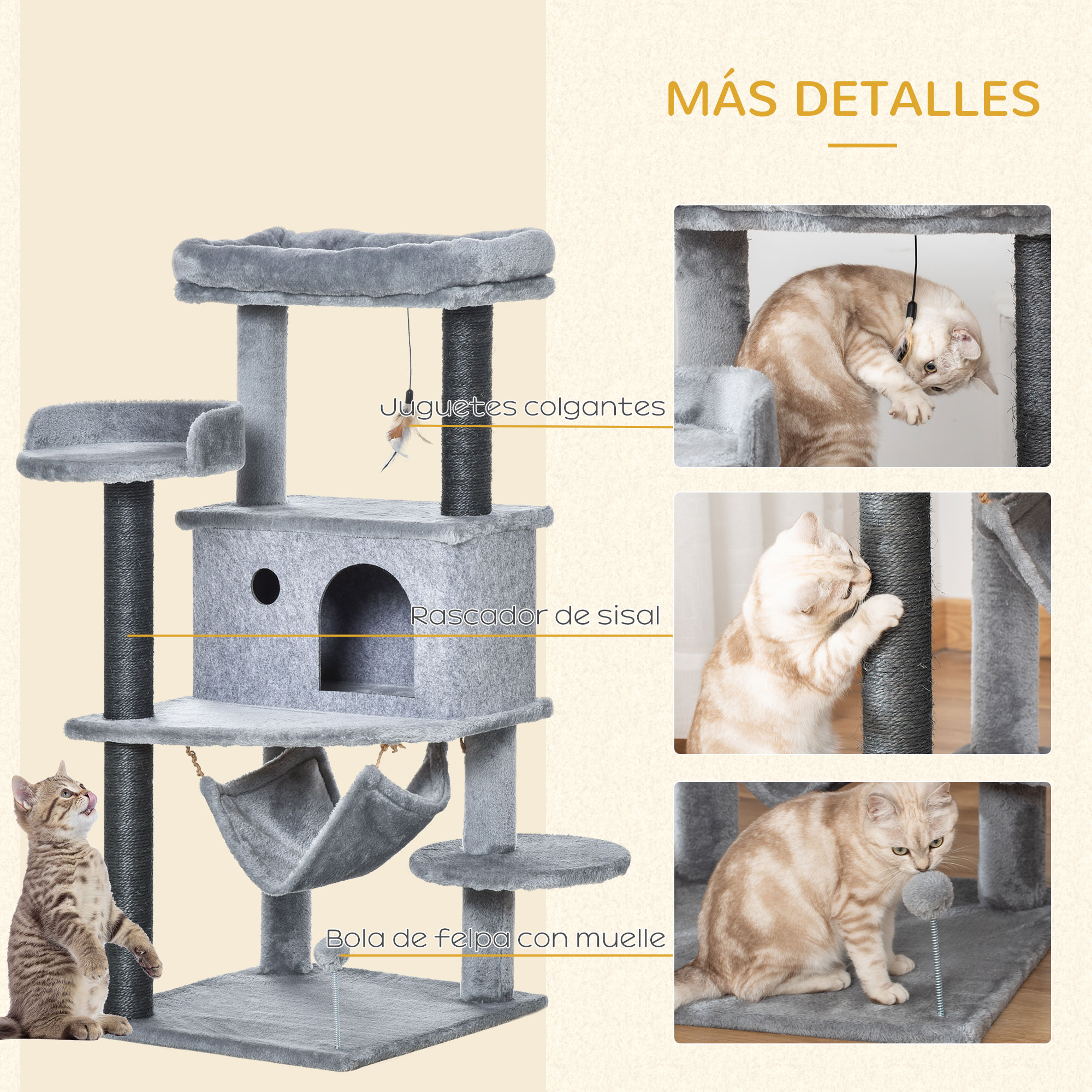 Árbol para gatos gris con hamaca, juguetes y postes rascadores. Gatos jugando.