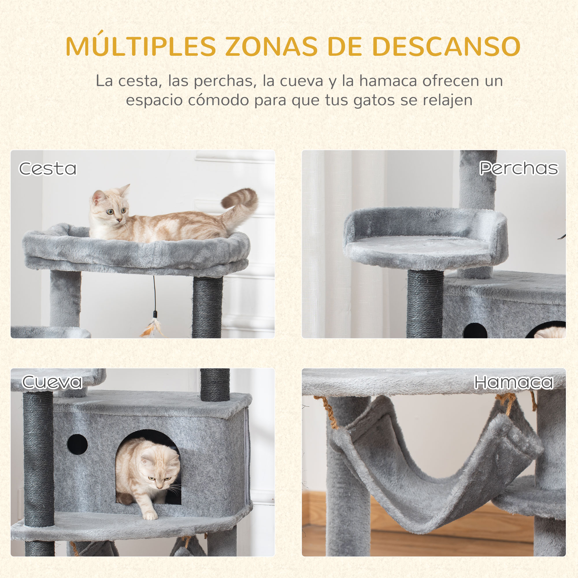 Árbol para gatos con cuatro zonas: cesta, perchas, cueva y hamaca.