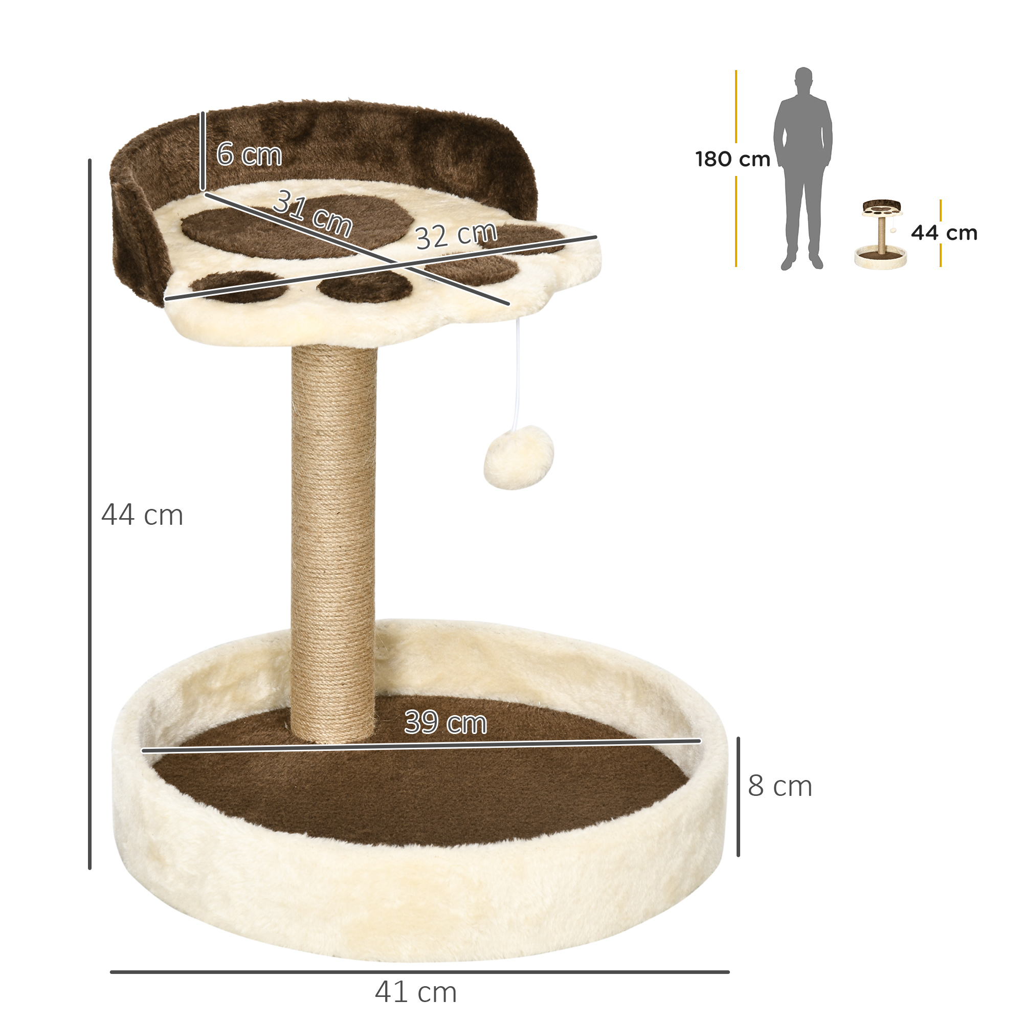 Un árbol rascador para gatos marrón y beige con dimensiones, juguete y comparación de tamaño.