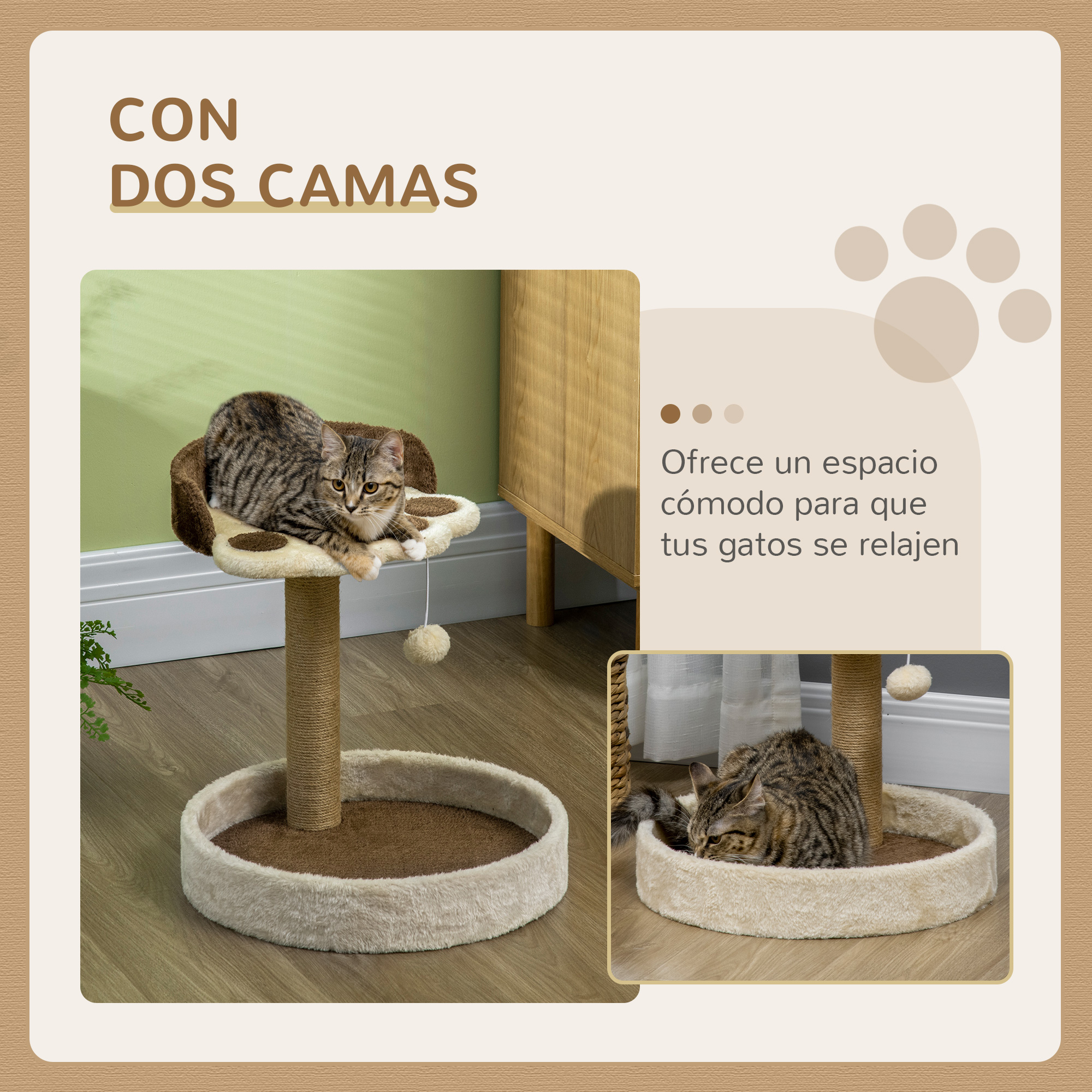 Árbol para gatos con dos camas y dos gatos, uno arriba y otro abajo.
