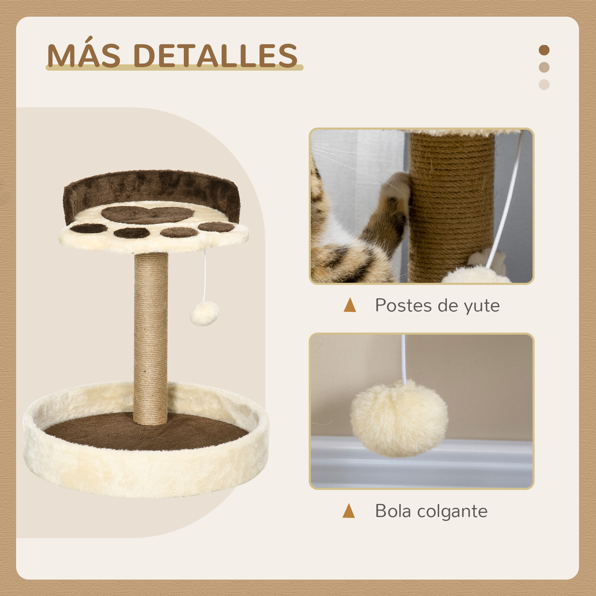 Un árbol para gatos de varios niveles con poste rascador de sisal y bola colgante.