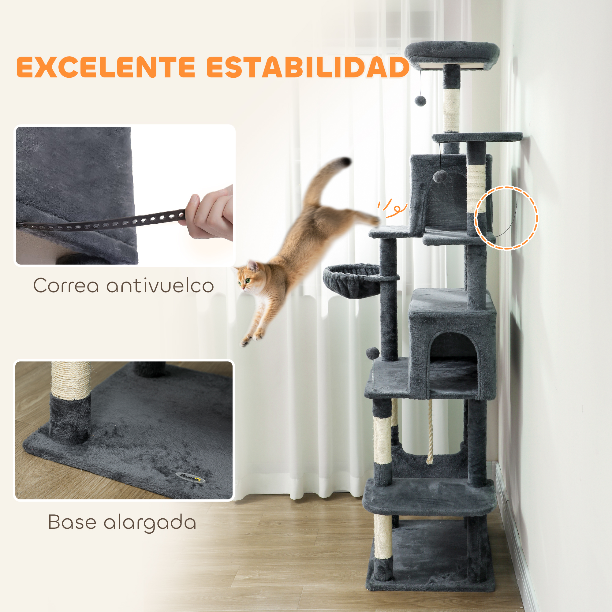 Un gato salta sobre un árbol rascador gris con hamaca, juguetes y cubos.