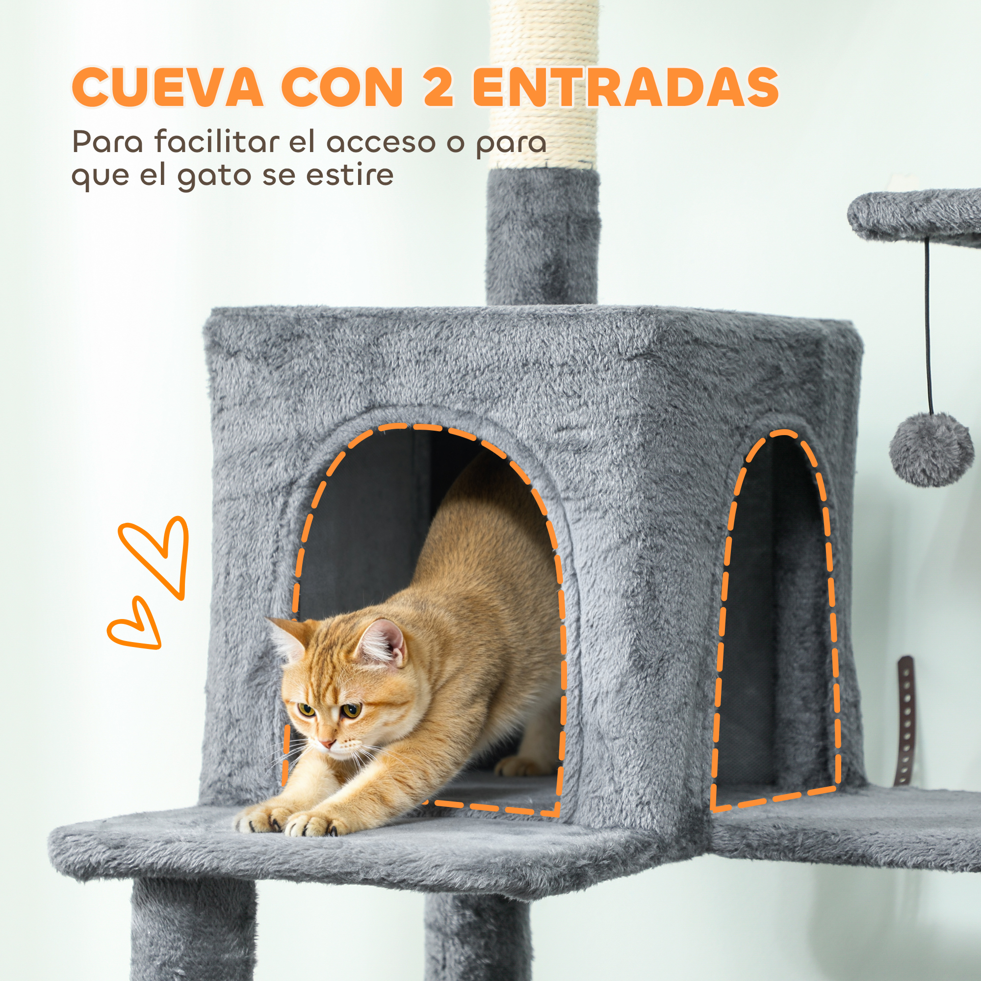 Un gato se estira dentro de una casa para gatos gris con dos entradas.