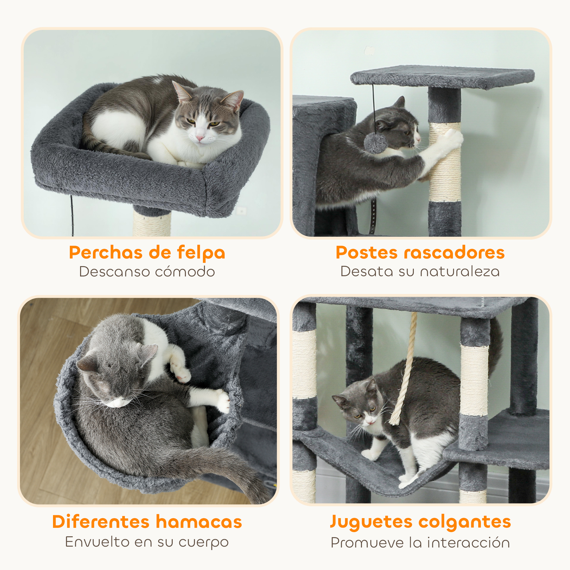 Cuatro escenas muestran gatos en un árbol para gatos: descansando, rascando, en hamacas y jugando.