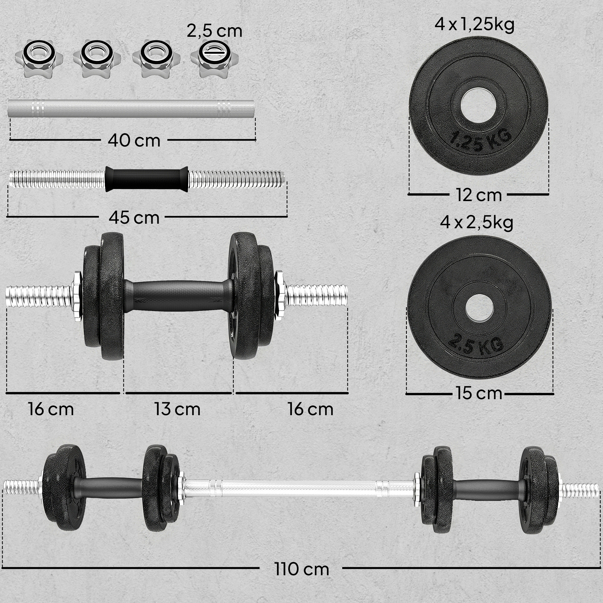 Set de pesas con barras, discos y cierres. Se indican las dimensiones.