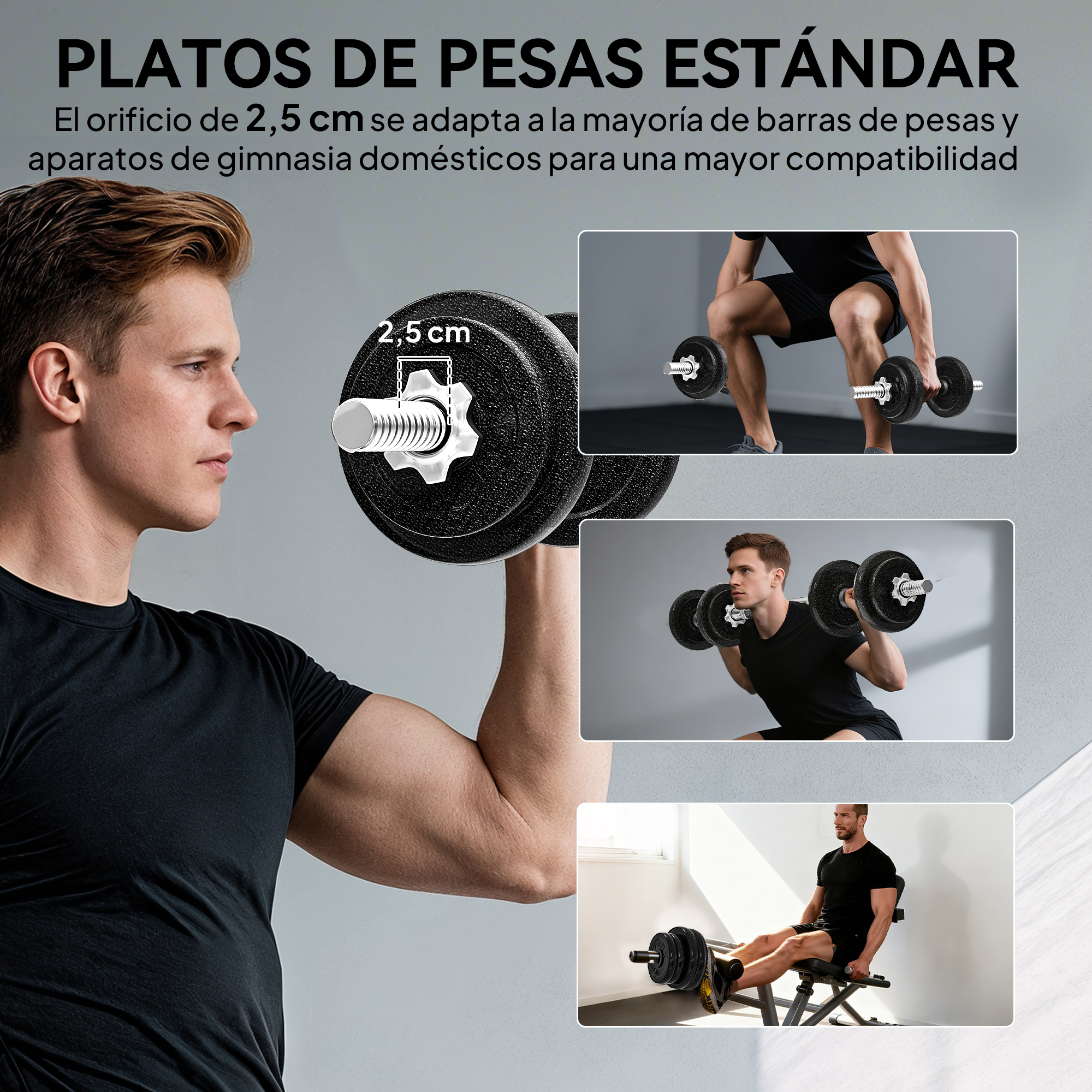 Hombre levantando pesas. Primer plano del agujero de 2,5 cm. Demostración.