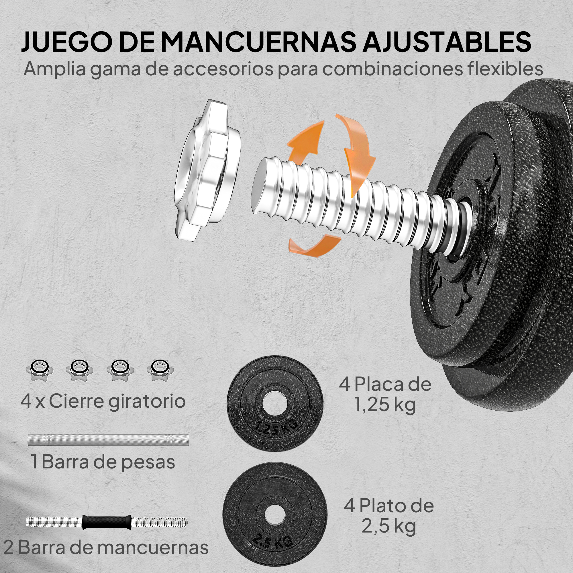 Set de mancuernas ajustables: 4 cierres, 1 barra, 2 mangos, 2x 1,25kg y 2x 2,5kg discos.