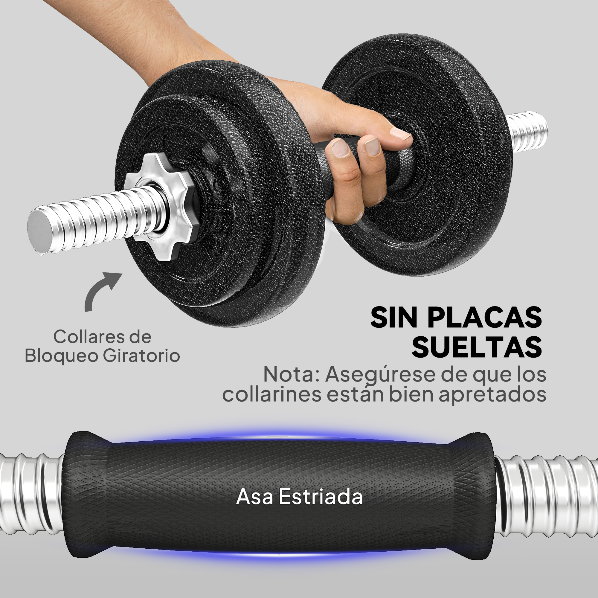 Una mano sujeta una pesa rusa con discos negros y collares de rosca.
