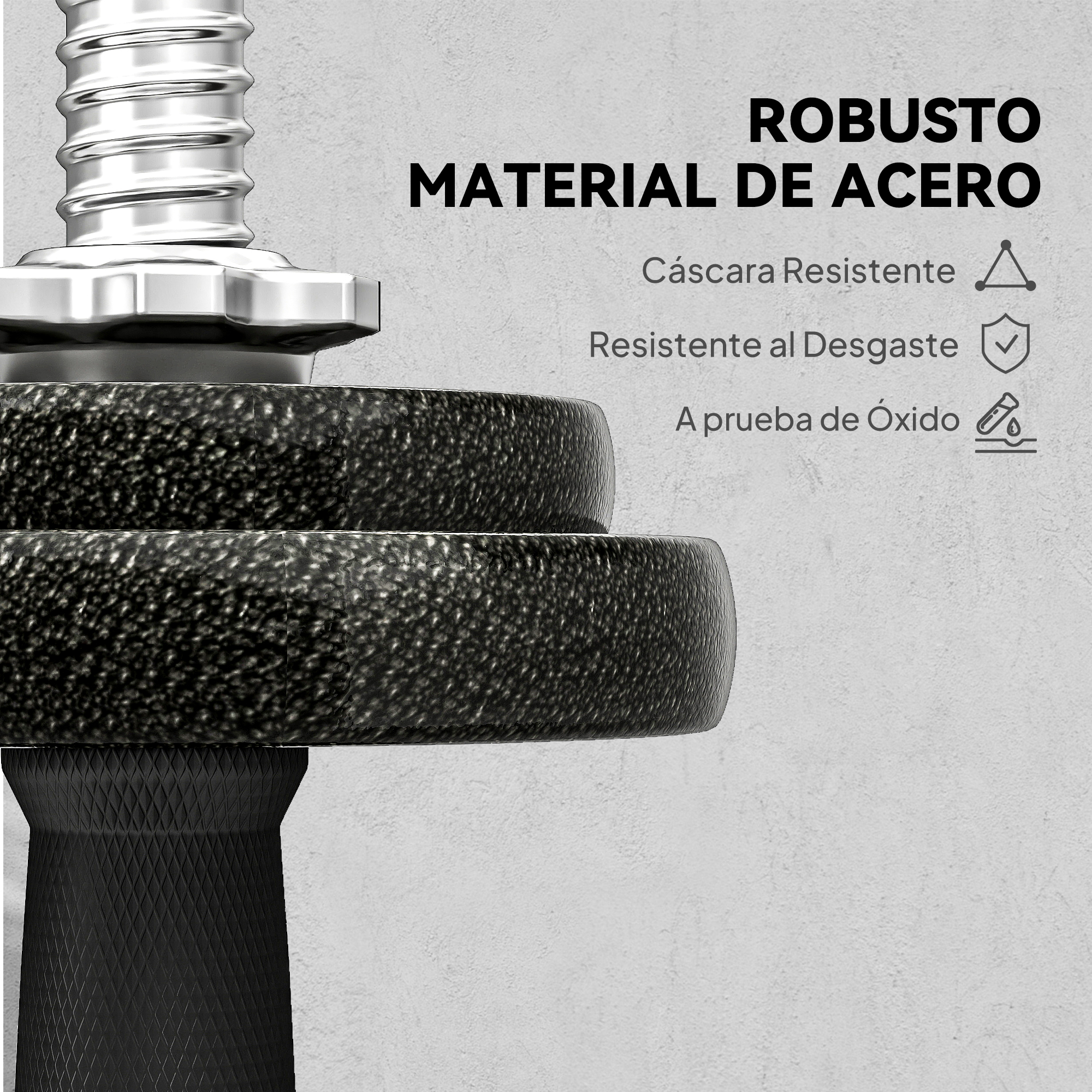 Primer plano de una pesa de acero robusto con agarre texturizado.
