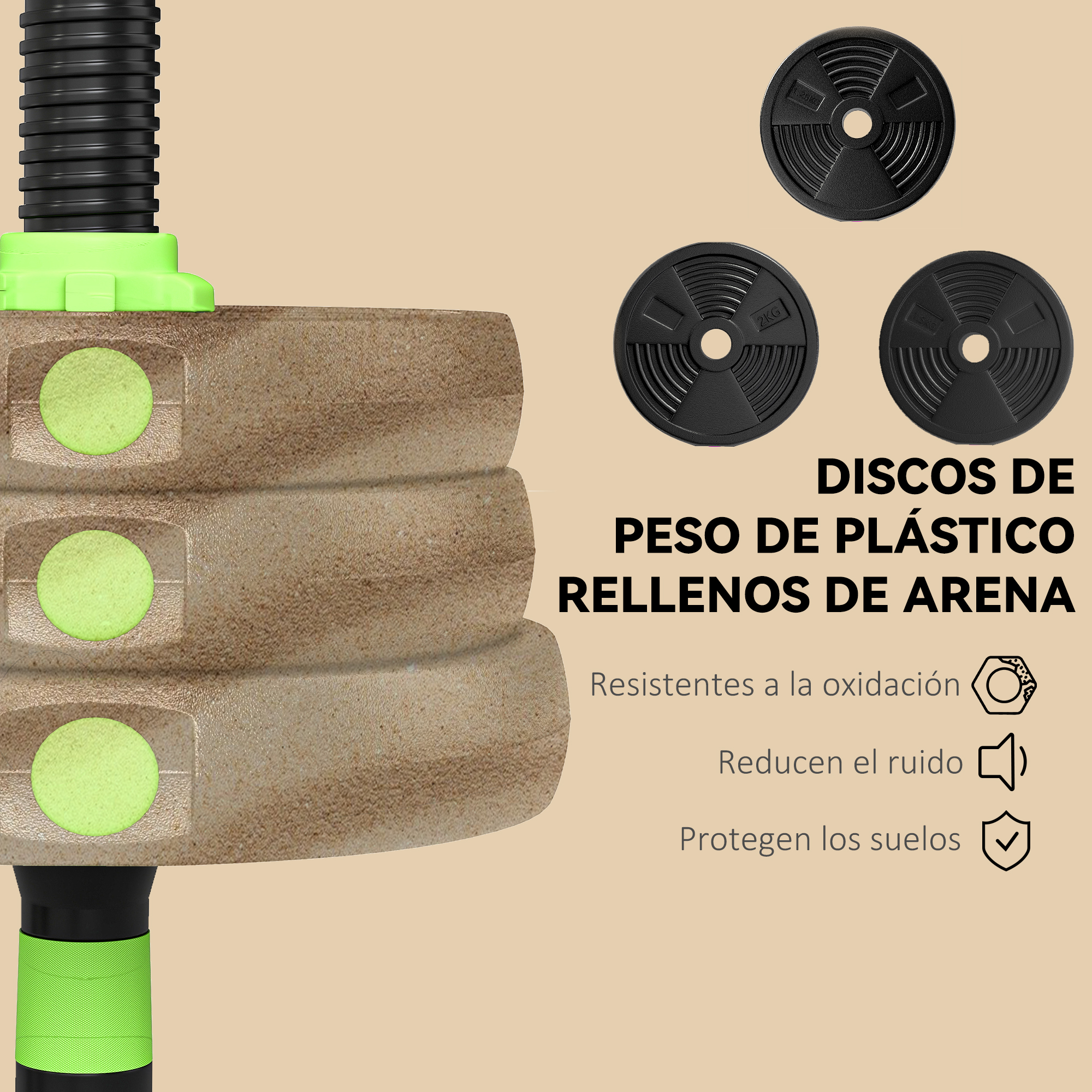 Discos de peso de plástico rellenos de arena, 3 discos sobre fondo beige claro.