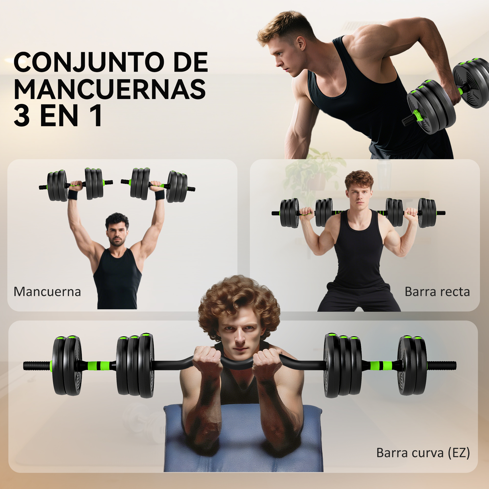 Hombres se ejercitan con mancuernas y barras en tres poses diferentes.