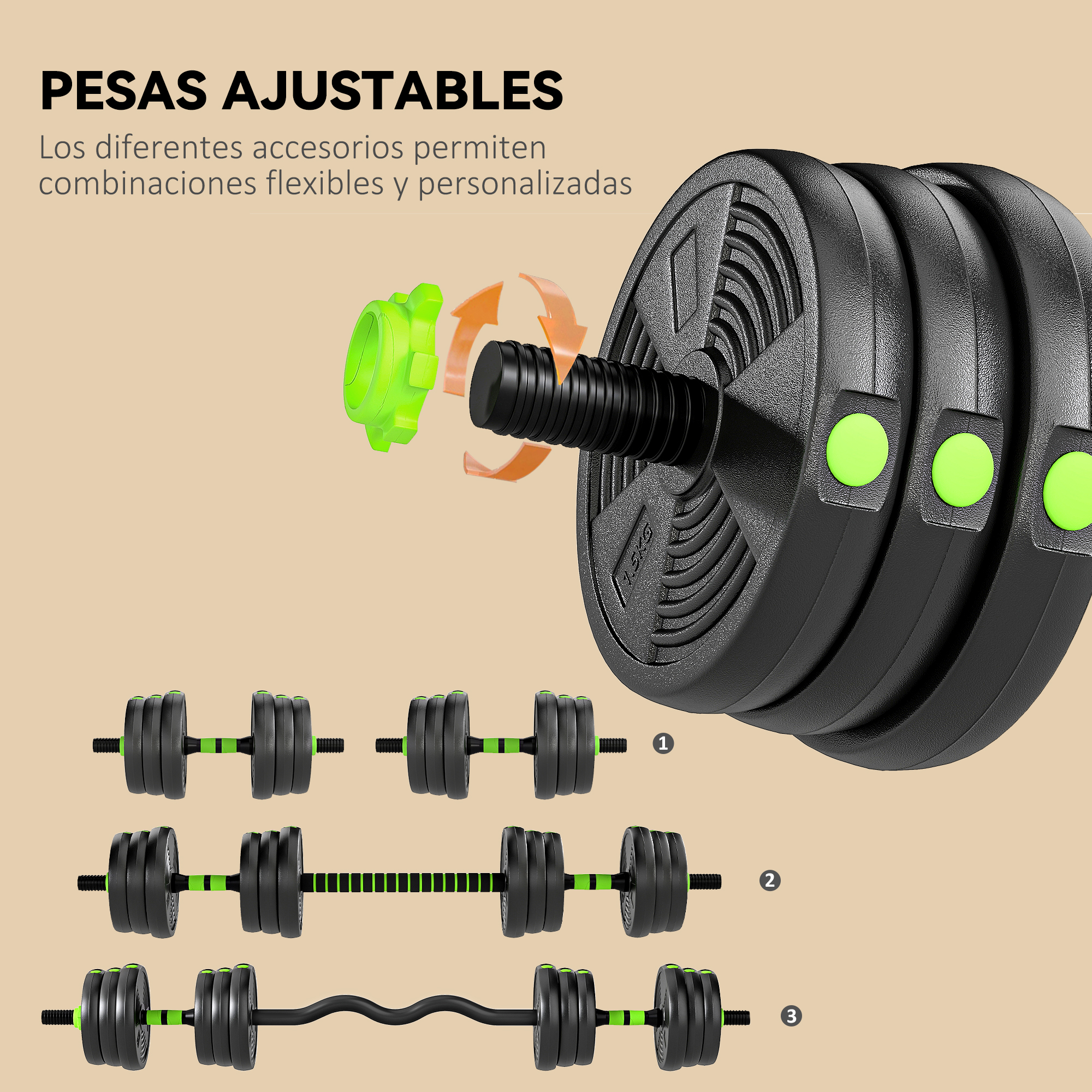Mancuernas ajustables con pesas y accesorios en varias configuraciones.