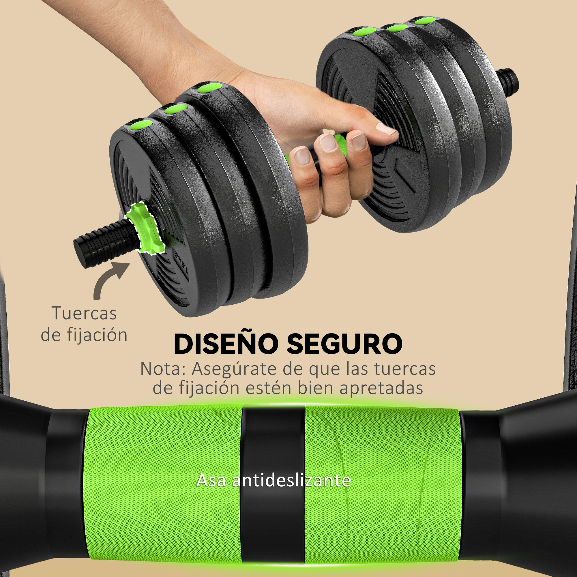 Mano sujetando mancuerna ajustable con pesas negras y detalles verdes.