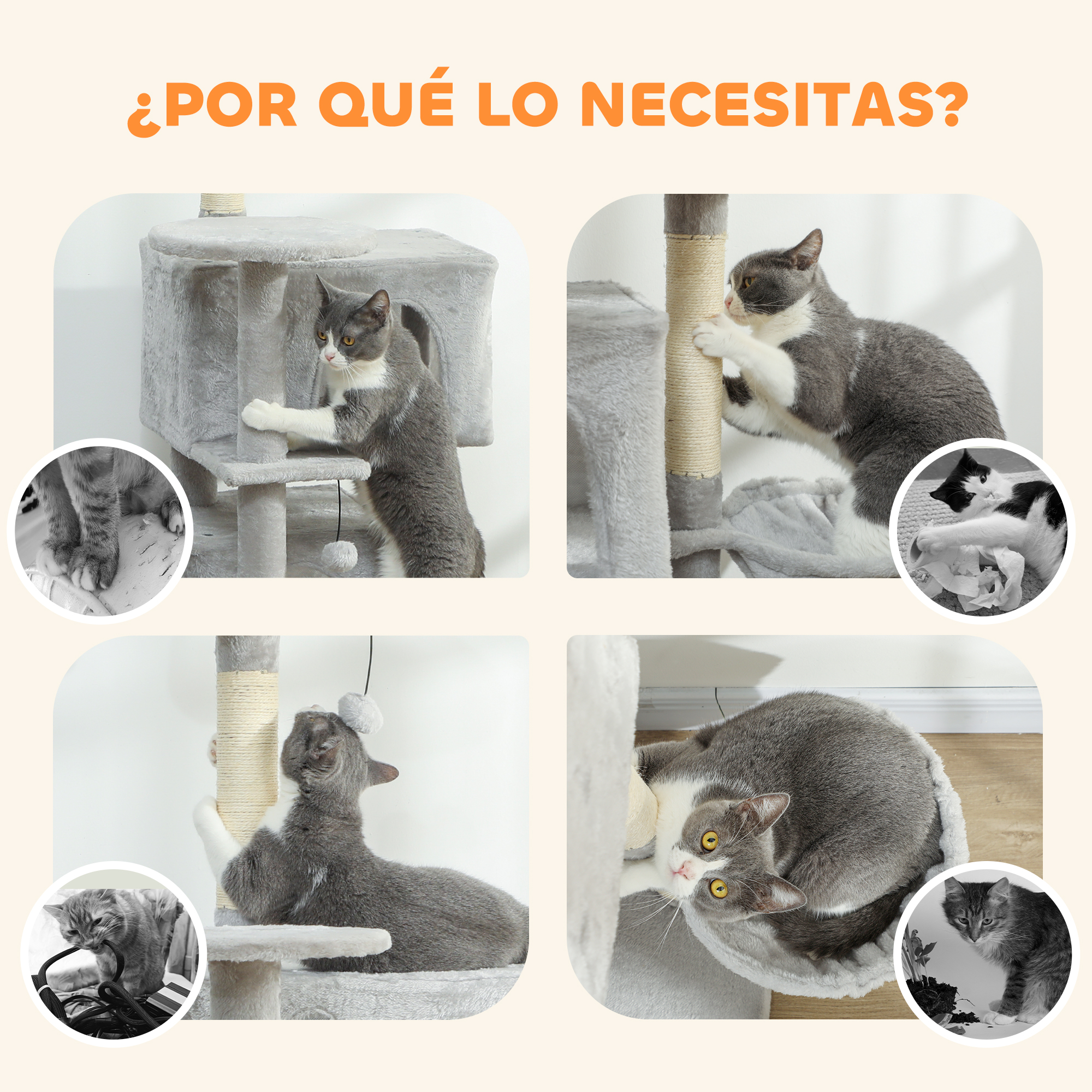 Gatos grises y blancos juegan en un árbol rascador de varios niveles.