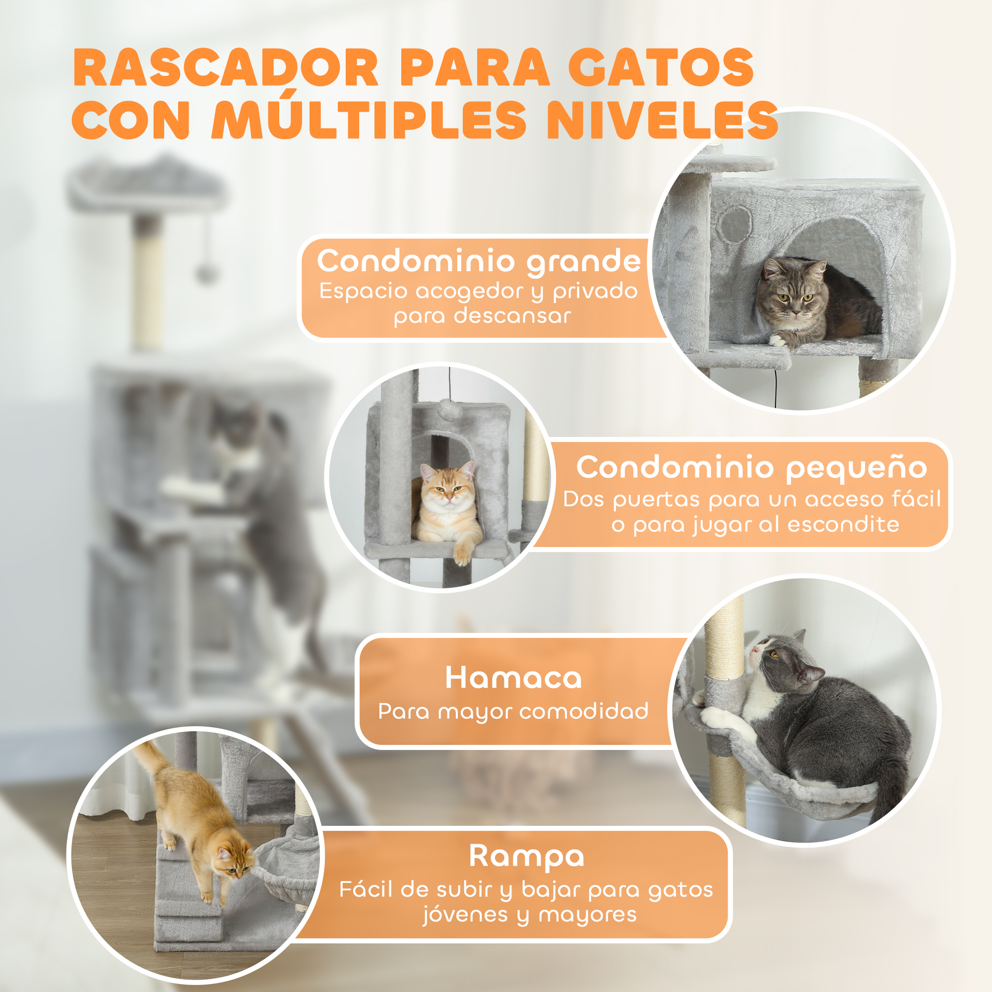 Árbol rascador para gatos de varios niveles con gatos.