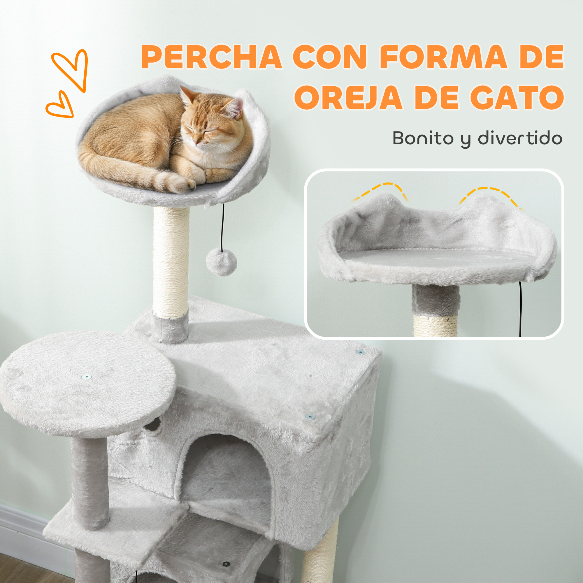 Un gato duerme en un árbol rascador gris con forma de oreja.